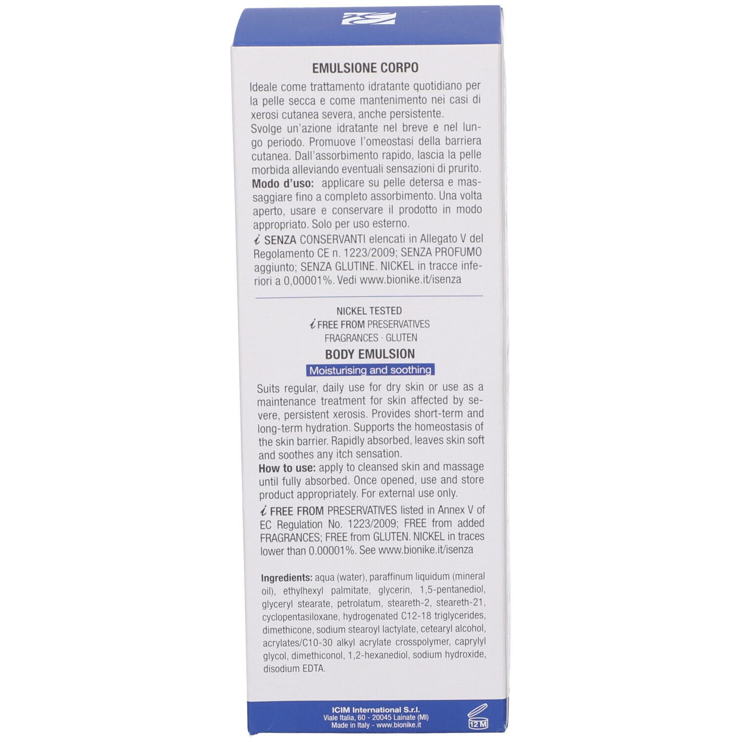 Scatola. Testo multilingue. Scritta: Bionike, Proxera, Emulsione Corpo, per pelli secche.