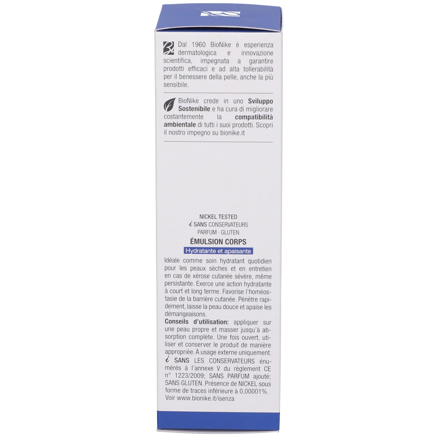 Scatola. Testo multilingue. Scritta: Bionike, Proxera, Emulsione Corpo, per pelli secche.