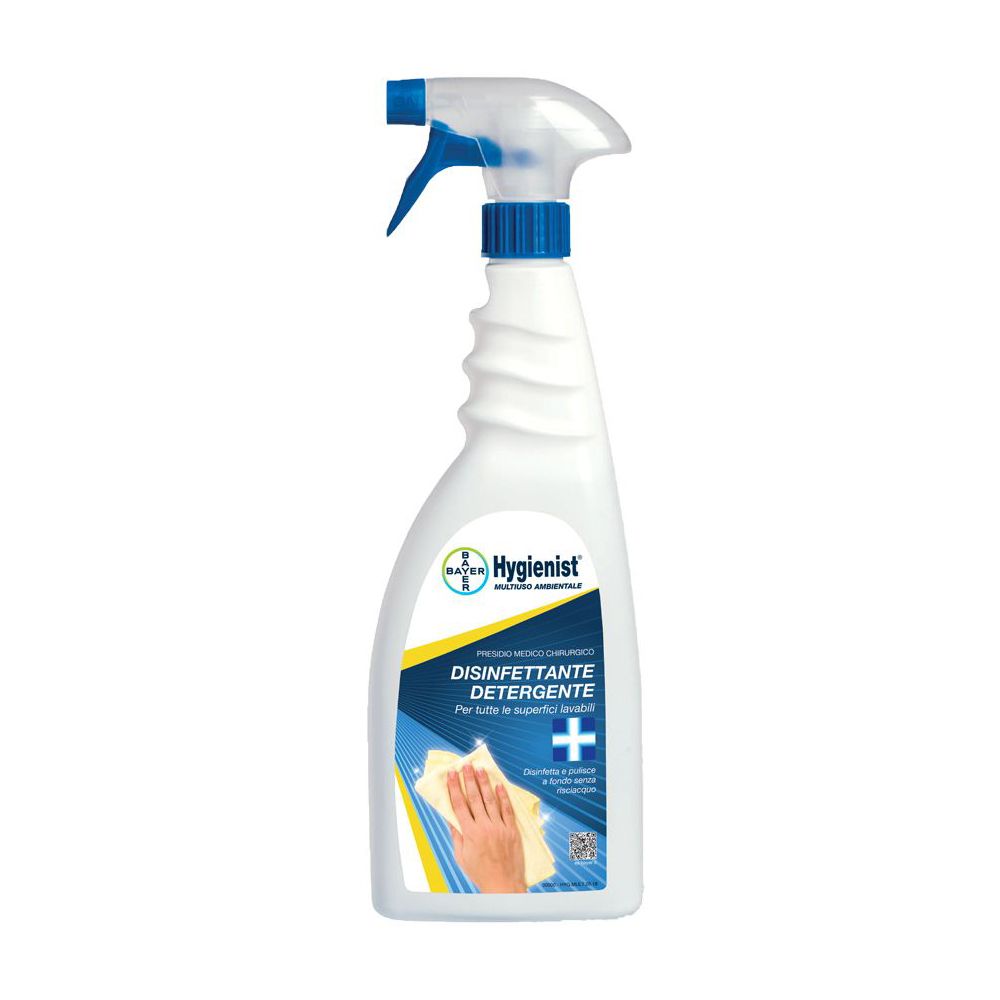 Flacone spray bianco con erogatore blu. Scritta: Hygienist, Disinfettante Detergente. Immagine di una mano che pulisce un panno.