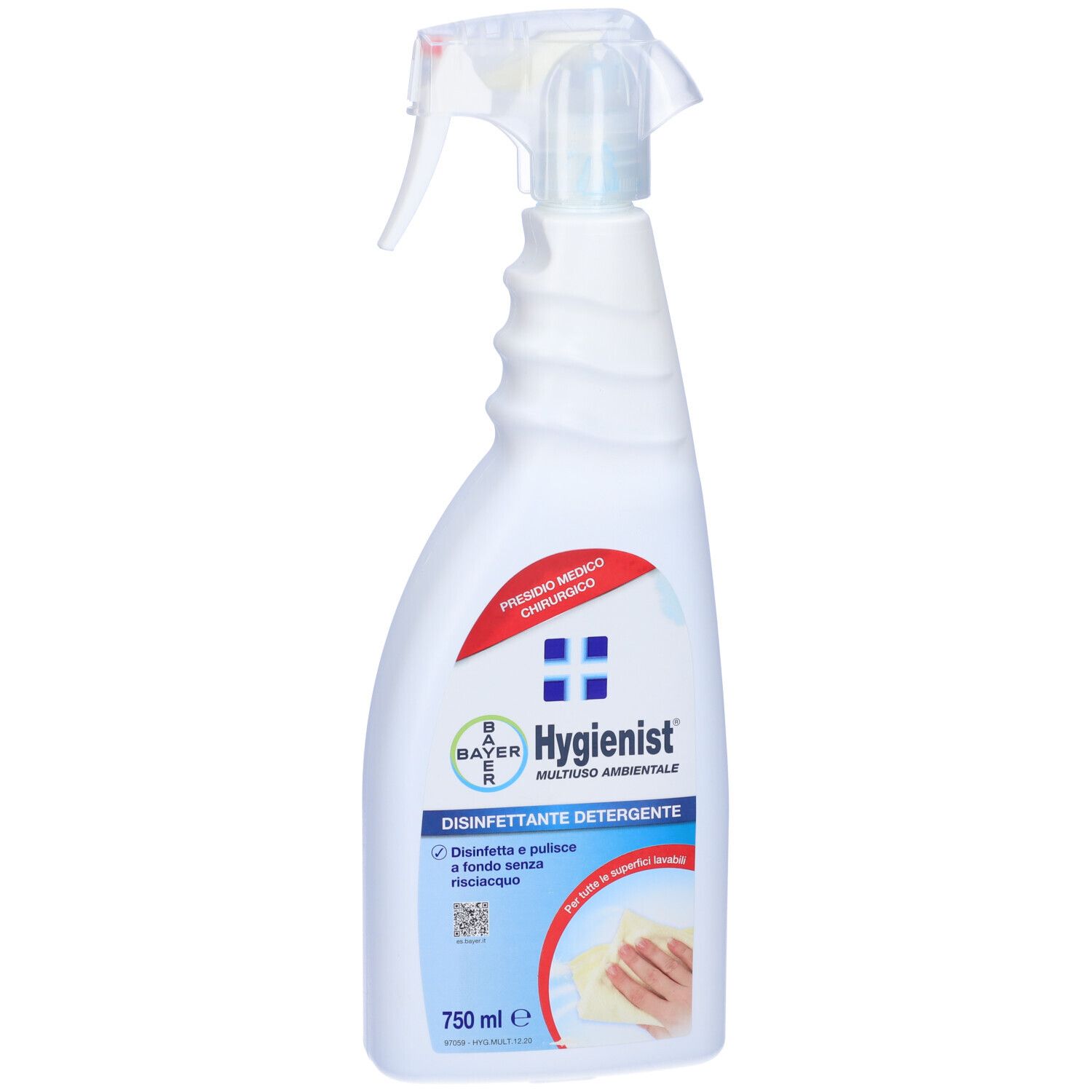 Flacone spray bianco con etichetta rossa. Scritta: Hygienist, Disinfettante Detergente, 750 ml. Mano che pulisce un panno.