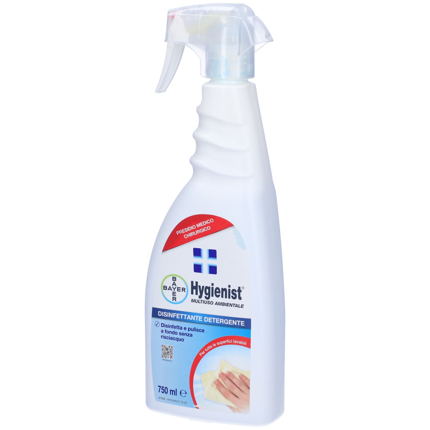 Flacone spray bianco con etichetta rossa. Scritta: Hygienist, Disinfettante Detergente, 750 ml. Mano che pulisce un panno.