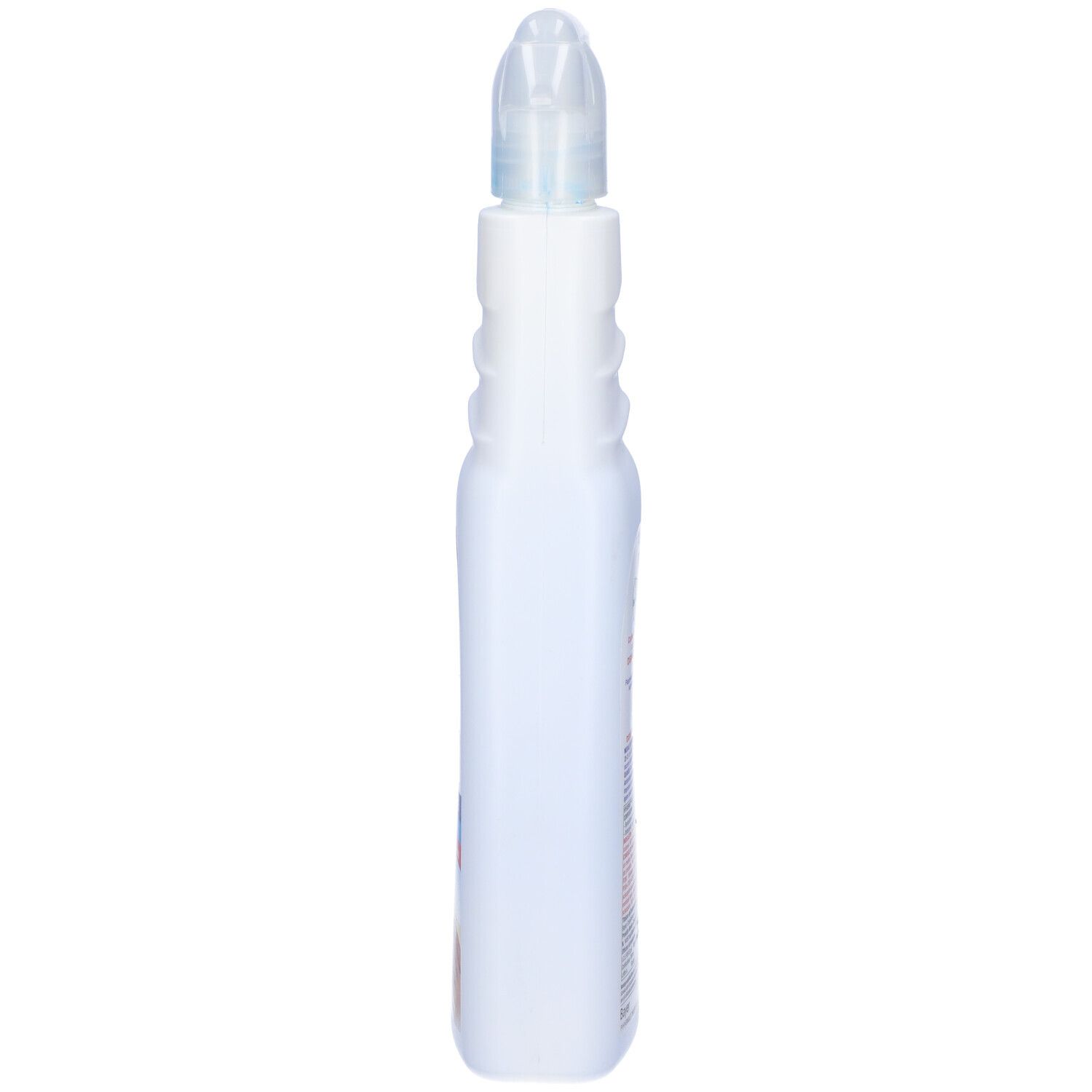 Flacone bianco con erogatore blu. Il corpo del flacone è scanalato.