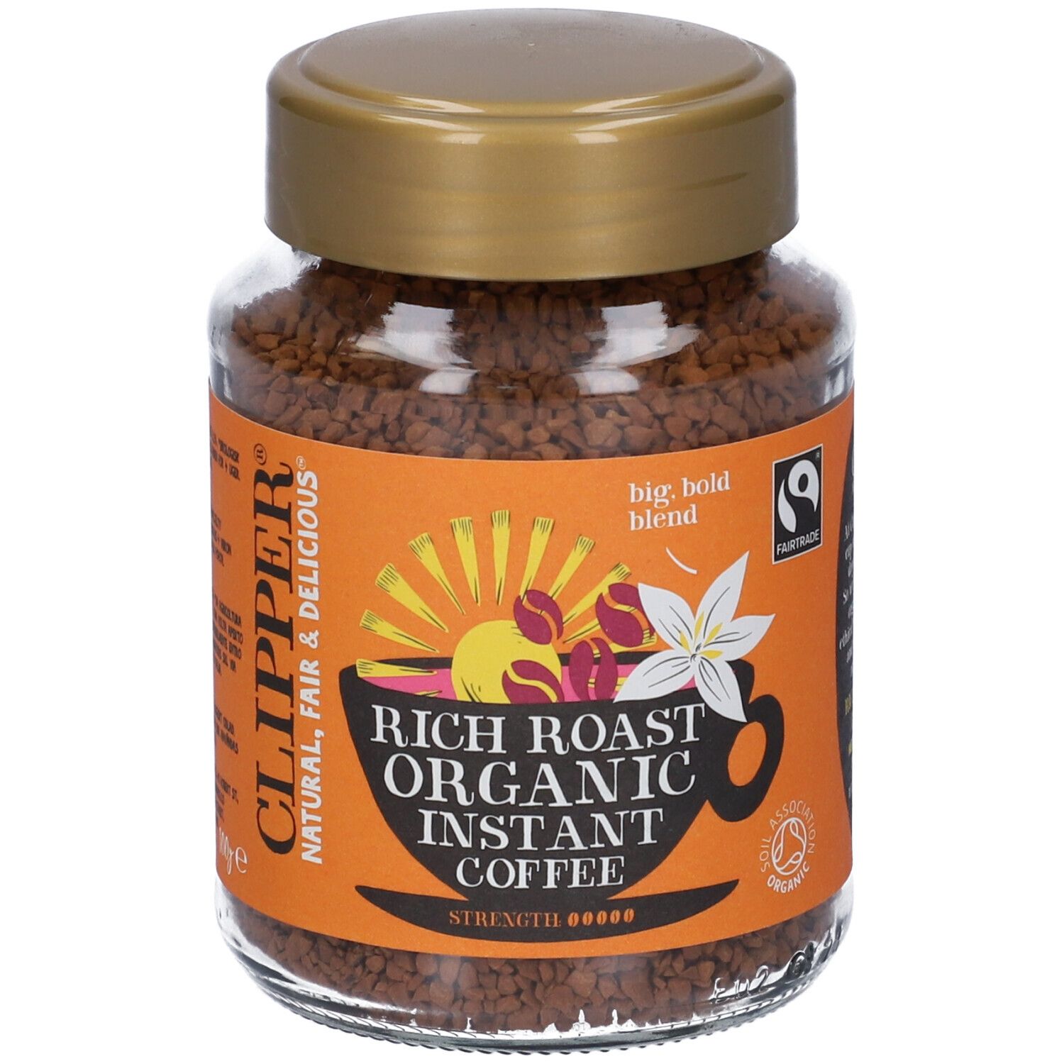Barattolo di caffè istantaneo. Scritta: Clipper, Rich Roast Organic Instant Coffee. Sigillo Fairtrade.