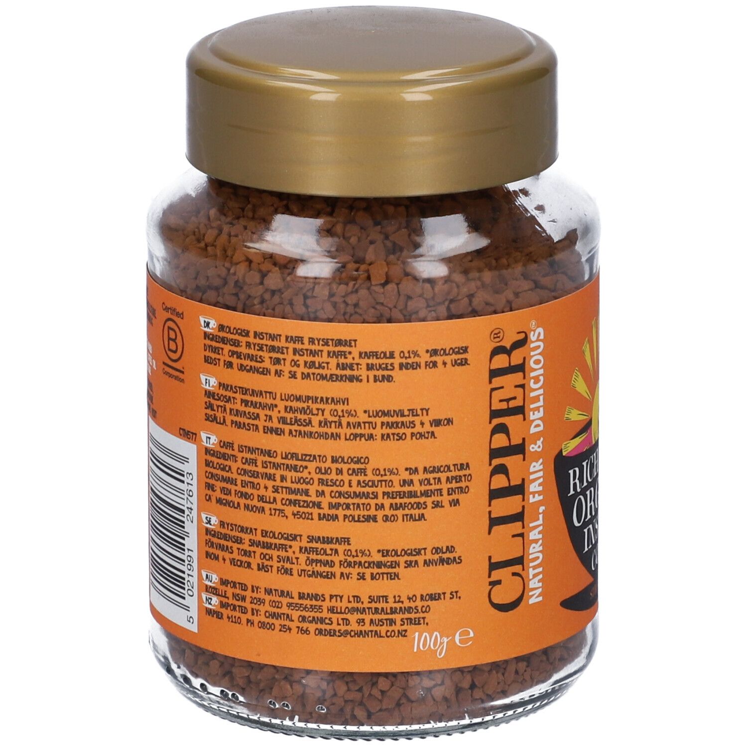Retro del barattolo di caffè istantaneo. Scritta: Clipper, Rich Roast Organic Instant Coffee. Lista ingredienti.