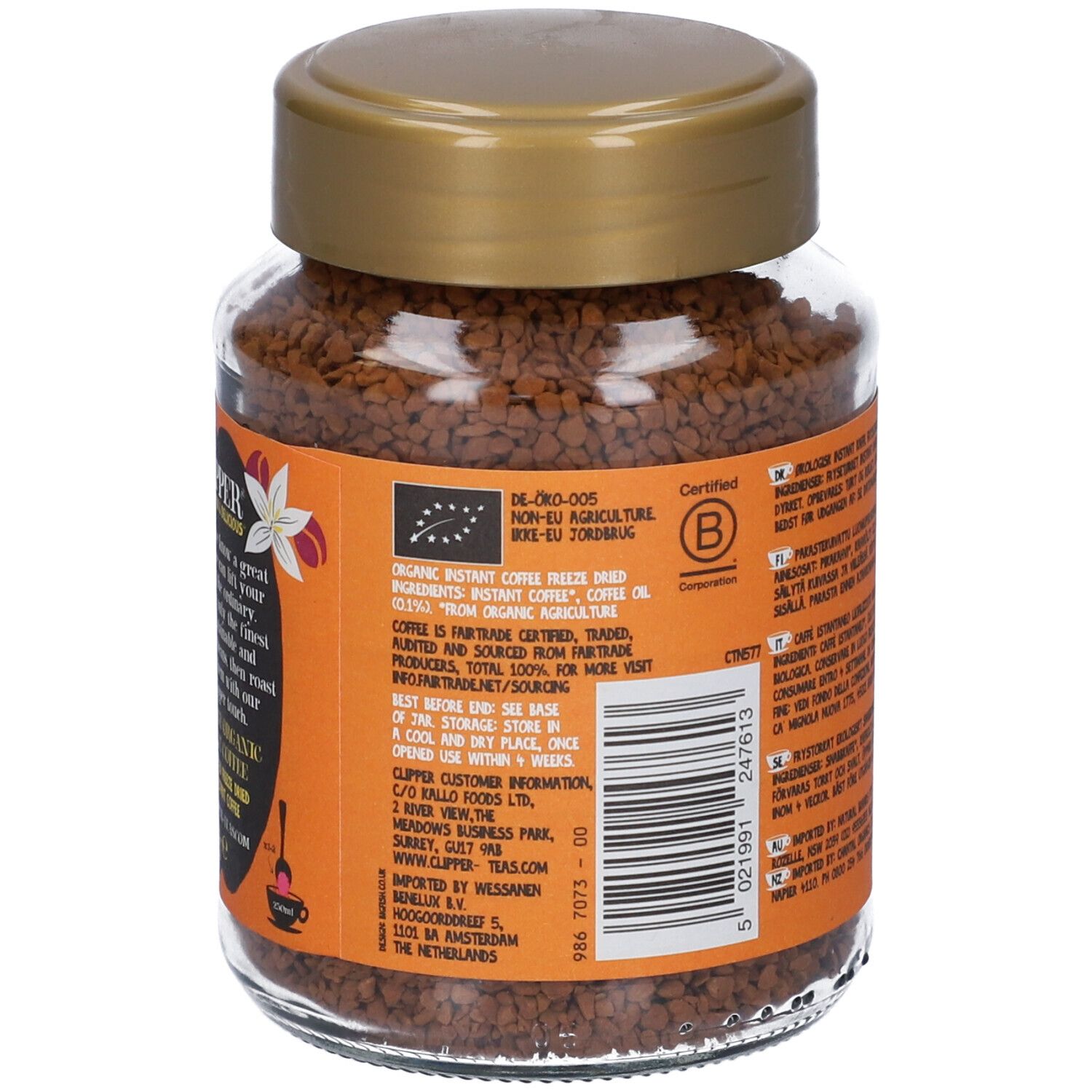 Vista posteriore del barattolo di caffè istantaneo. Scritta: Clipper, Rich Roast Organic Instant Coffee. Sigillo bio.