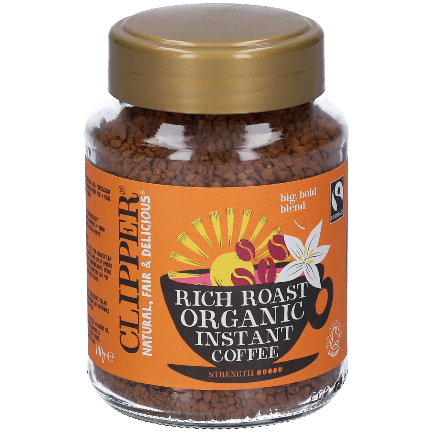 Barattolo di caffè istantaneo. Scritta: Clipper, Rich Roast Organic Instant Coffee. Sigillo Fairtrade.