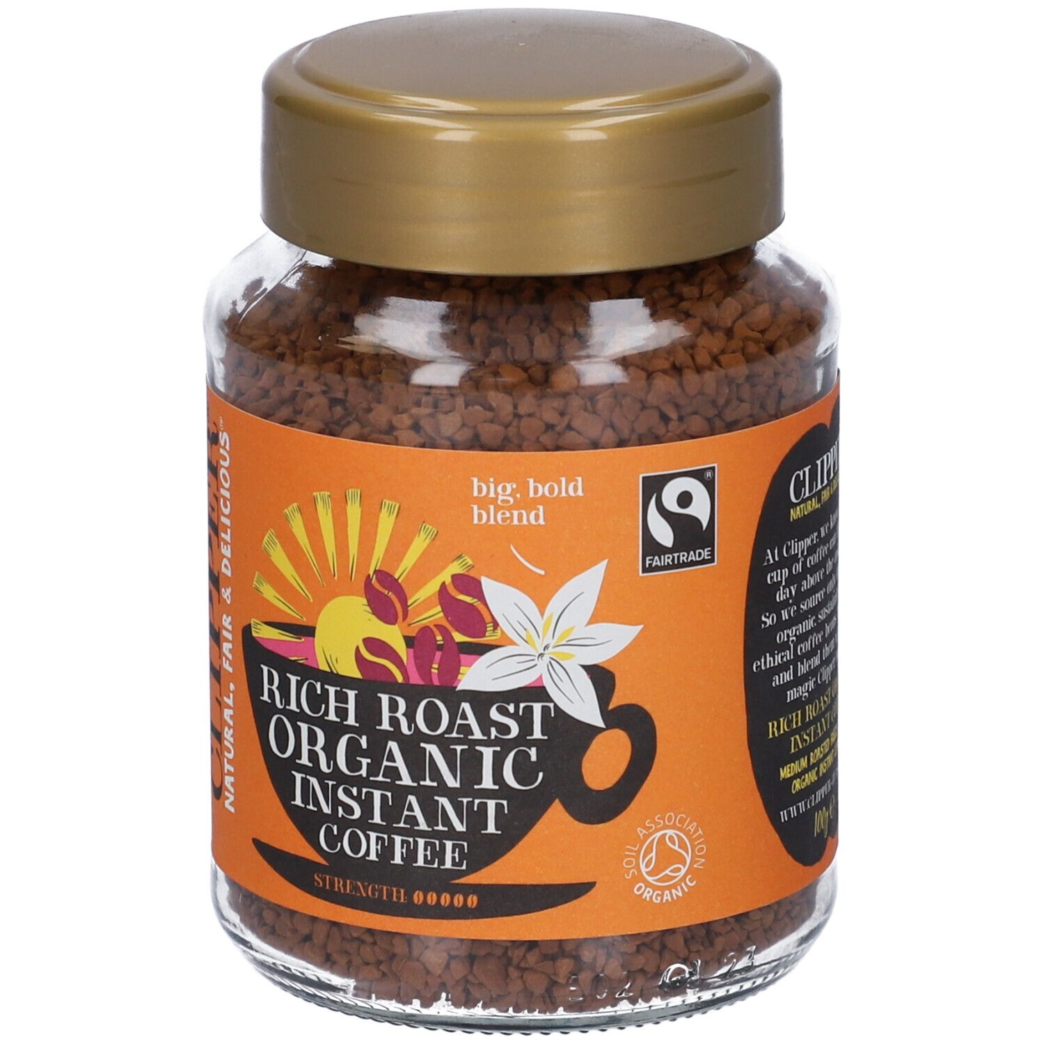 Barattolo di caffè istantaneo. Scritta: Clipper, Rich Roast Organic Instant Coffee. Sigillo Fairtrade.