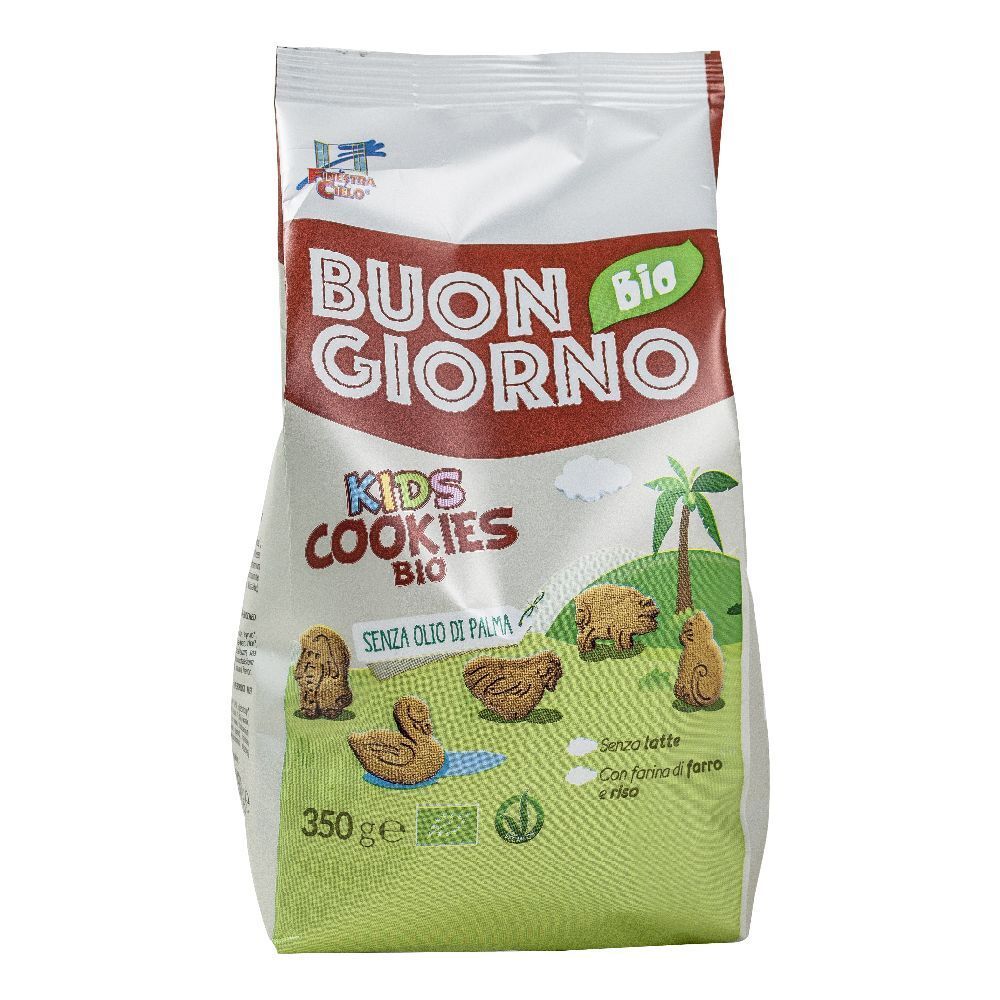 Confezione di biscotti. Scritta: BUON GIORNO BIO, KIDS COOKIES BIO. 350g. Senza olio di palma. Biscotti a forma di animali.