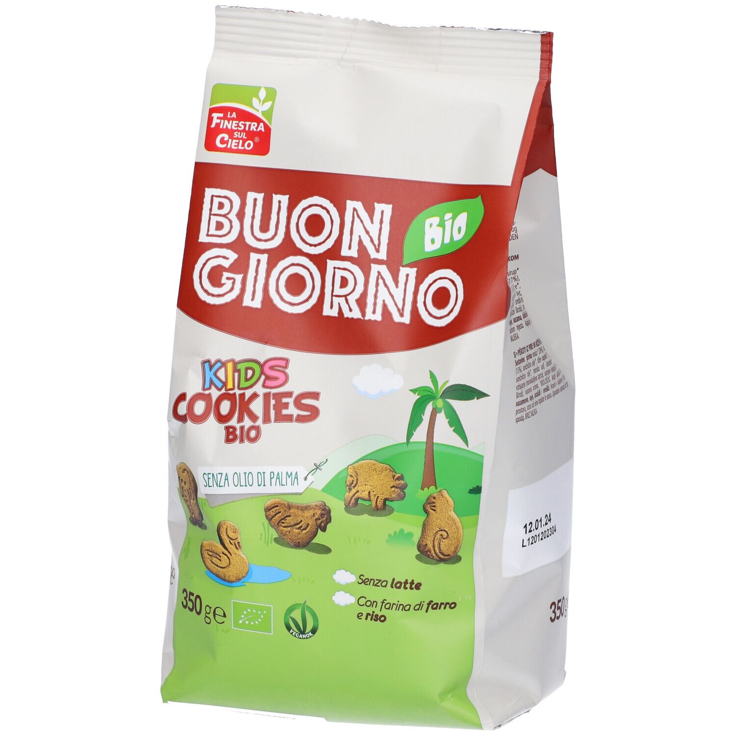 Confezione di biscotti. Scritta: BUON GIORNO BIO, KIDS COOKIES BIO. 350g. Senza olio di palma. Biscotti a forma di animali.