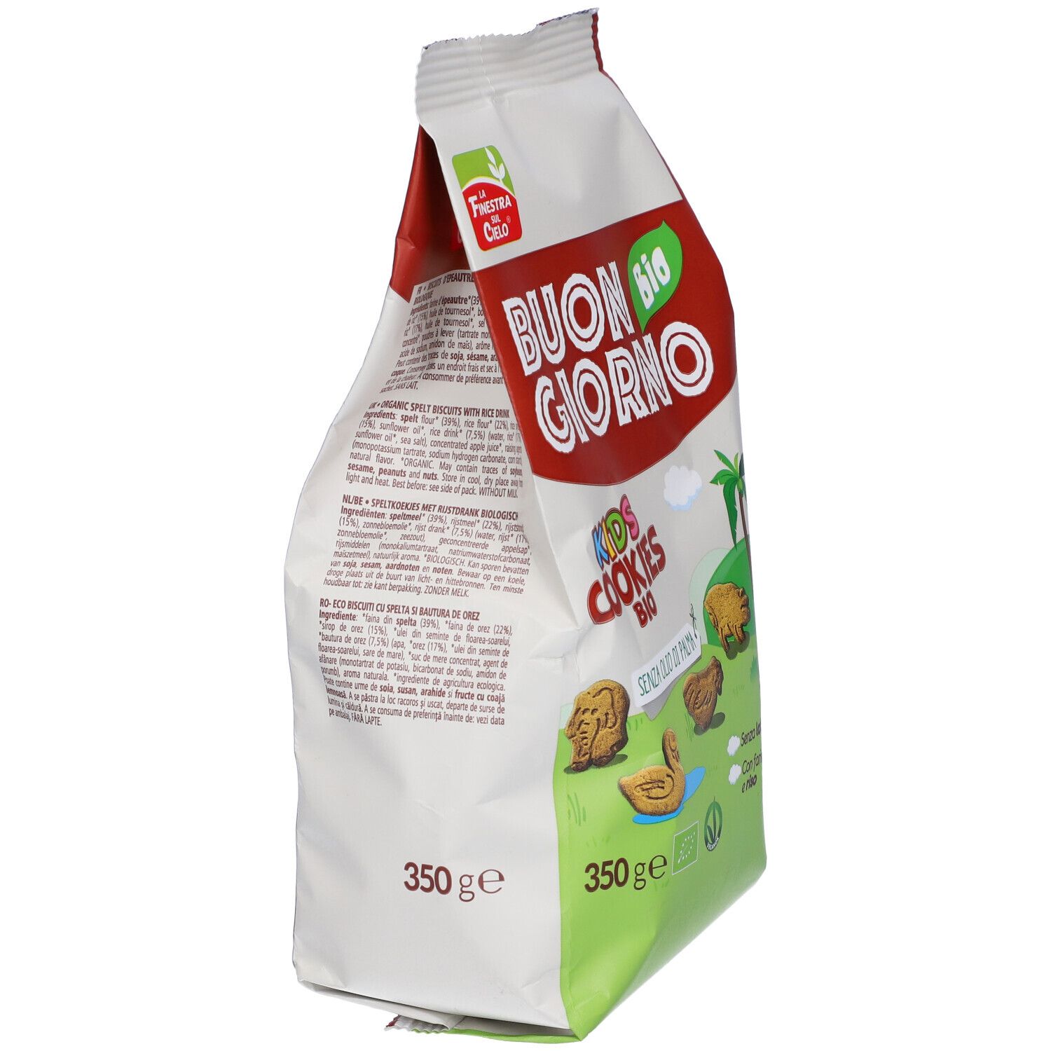 Confezione di biscotti. Scritta: BUON GIORNO BIO, KIDS COOKIES BIO. 350g. Senza olio di palma. Biscotti a forma di animali.
