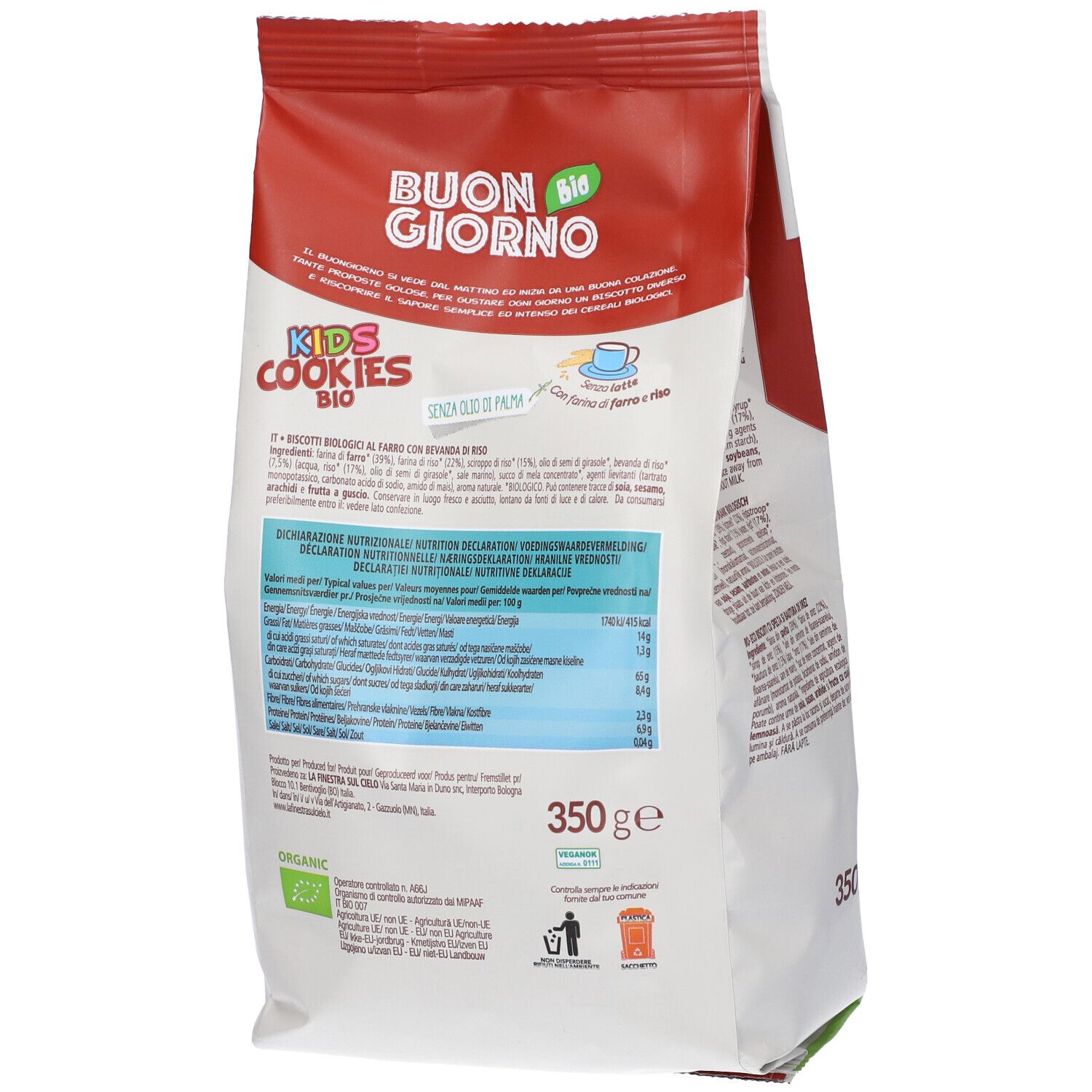 Confezione di biscotti. Scritta: BUON GIORNO BIO, KIDS COOKIES BIO. 350g. Senza olio di palma. Biscotti a forma di animali.