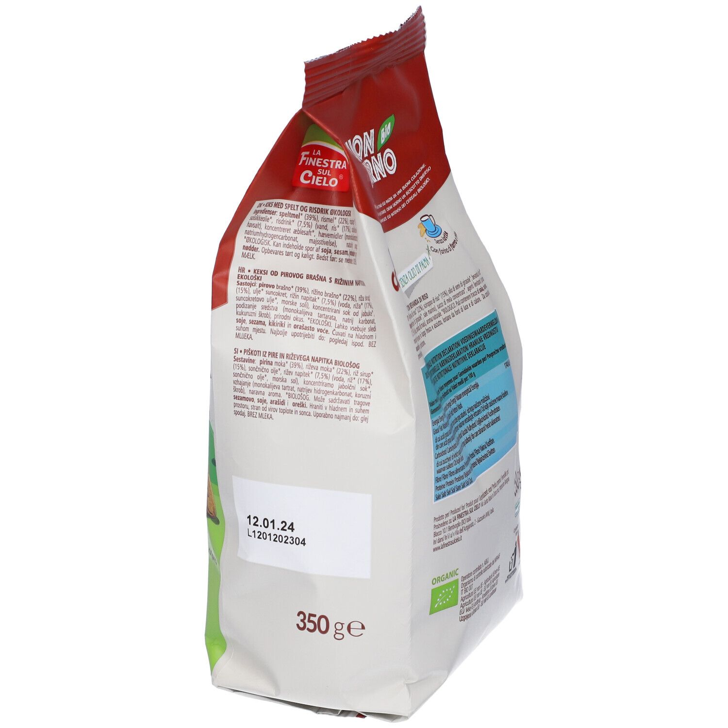 Confezione di biscotti. Scritta: BUON GIORNO BIO, KIDS COOKIES BIO. 350g. Senza olio di palma. Biscotti a forma di animali.