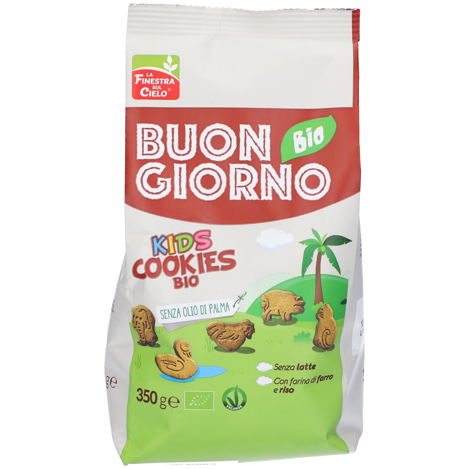 Confezione di biscotti. Scritta: BUON GIORNO BIO, KIDS COOKIES BIO. 350g. Senza olio di palma. Biscotti a forma di animali.