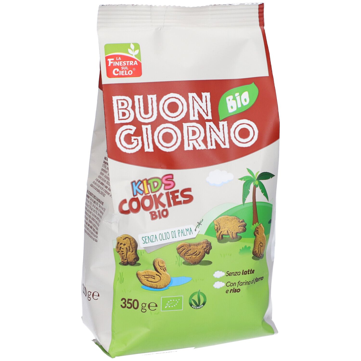 Confezione di biscotti. Scritta: BUON GIORNO BIO, KIDS COOKIES BIO. 350g. Senza olio di palma. Biscotti a forma di animali.