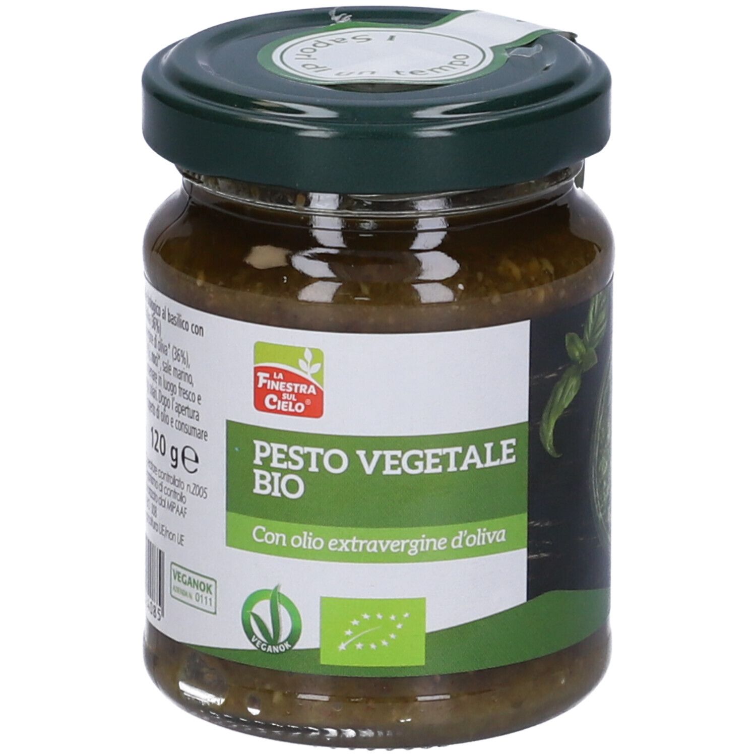 Vasetto di Pesto Vegetale Bio. Scritta: Pesto Vegetale Bio, con olio d'oliva. Contenuto verde, coperchio verde, etichetta bianca, 120g.