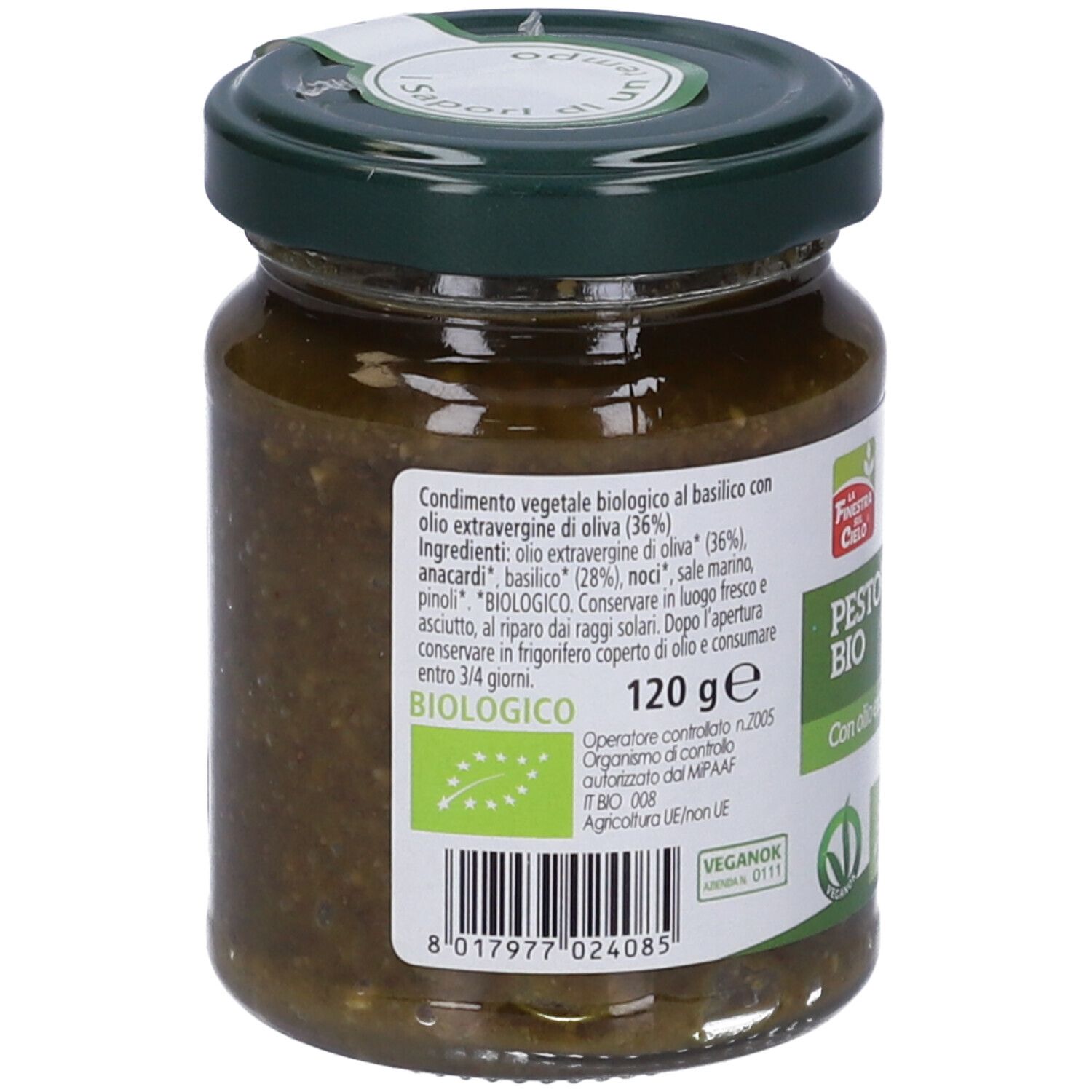 Vasetto di Pesto Vegetale Bio. Scritta: Pesto Vegetale Bio, con olio d'oliva. Contenuto verde, coperchio verde, etichetta bianca, 120g.