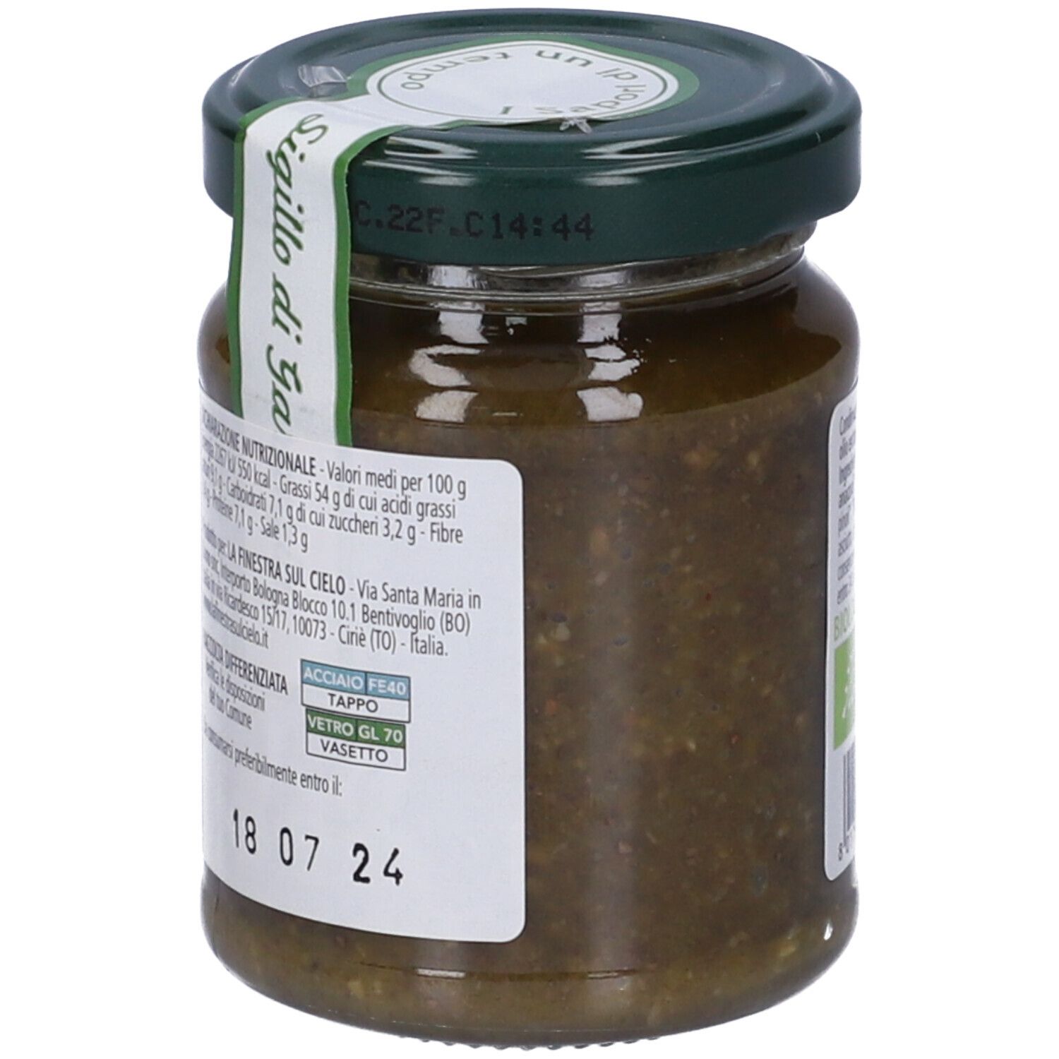 Vasetto di Pesto Vegetale Bio. Scritta: Pesto Vegetale Bio, con olio d'oliva. Contenuto verde, coperchio verde, etichetta bianca, 120g.