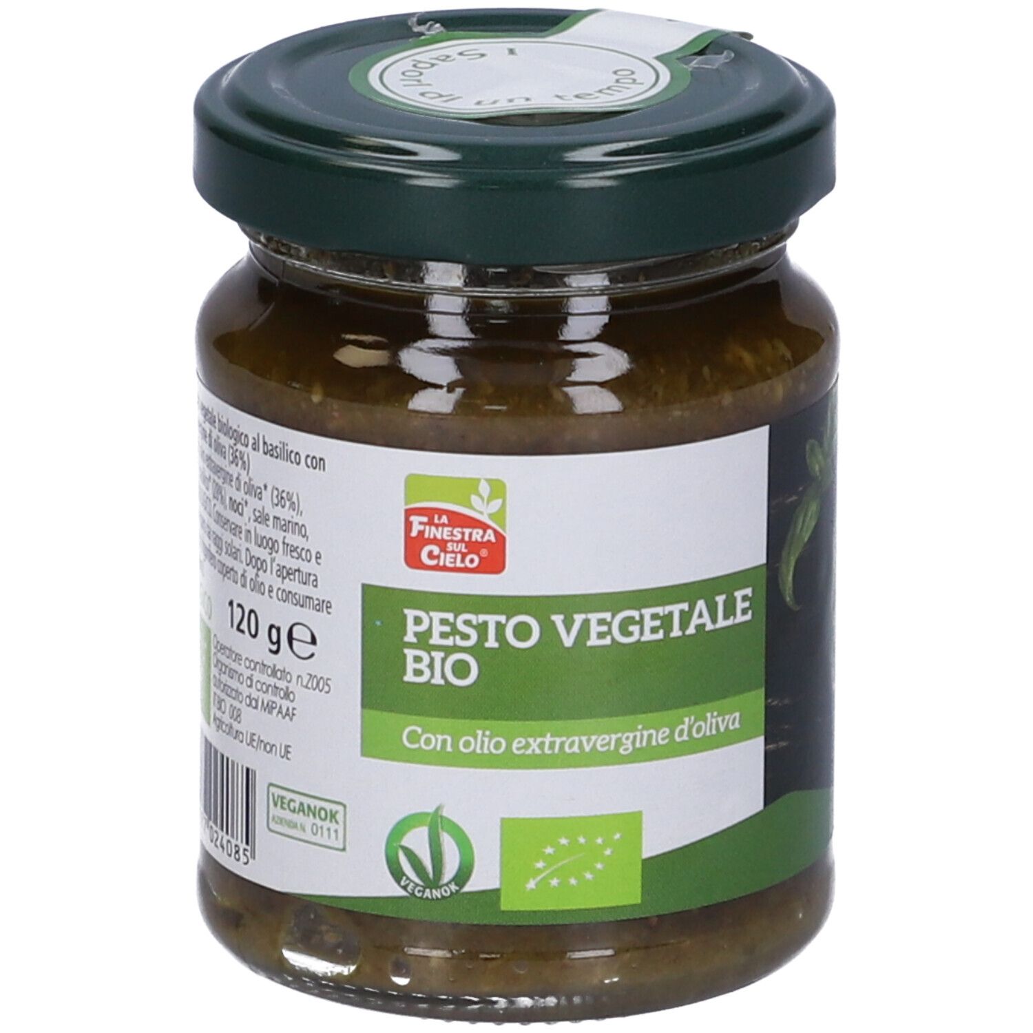 Vasetto di Pesto Vegetale Bio. Scritta: Pesto Vegetale Bio, con olio d'oliva. Contenuto verde, coperchio verde, etichetta bianca, 120g.