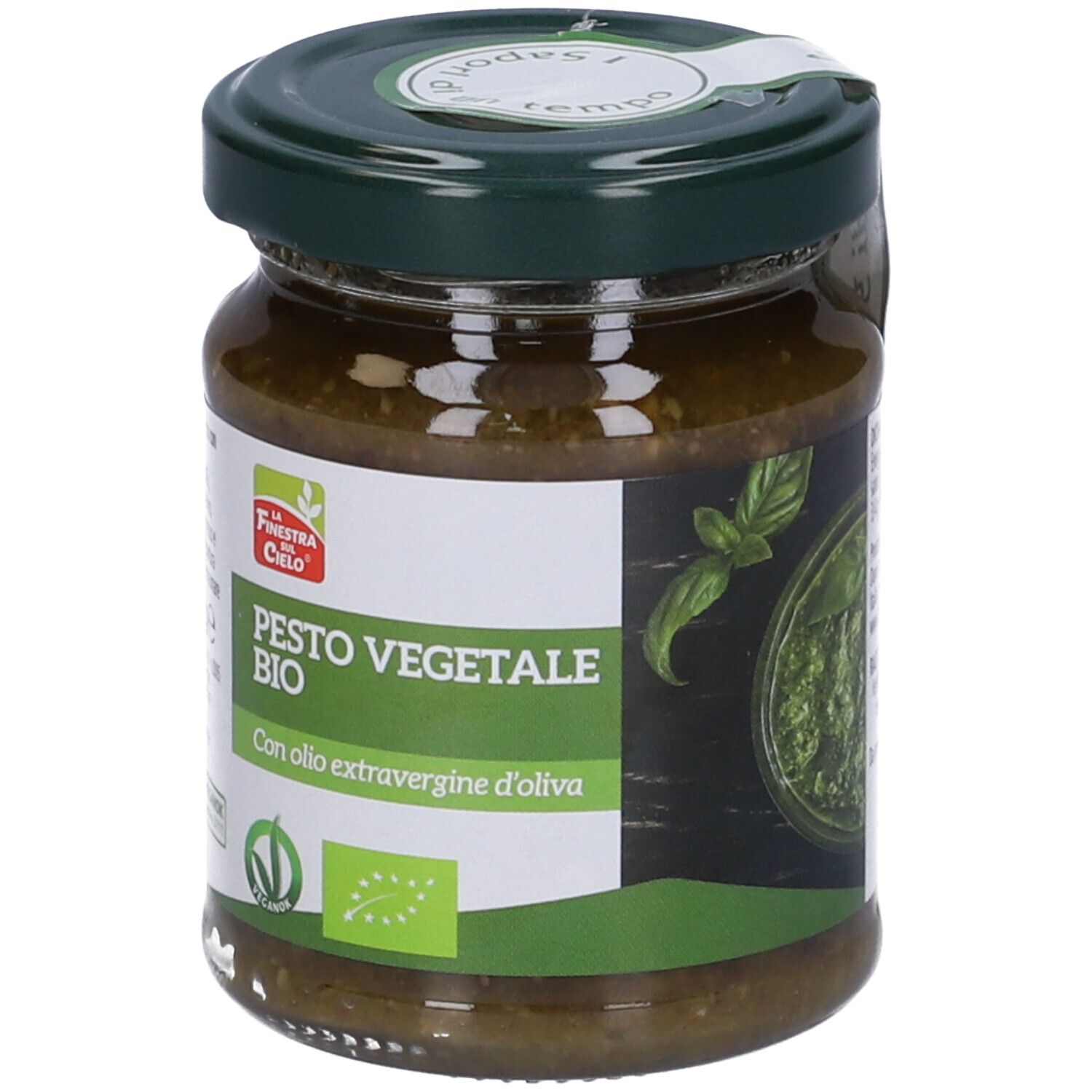 Vasetto di Pesto Vegetale Bio. Scritta: Pesto Vegetale Bio, con olio d'oliva. Contenuto verde, coperchio verde, etichetta bianca, 120g.