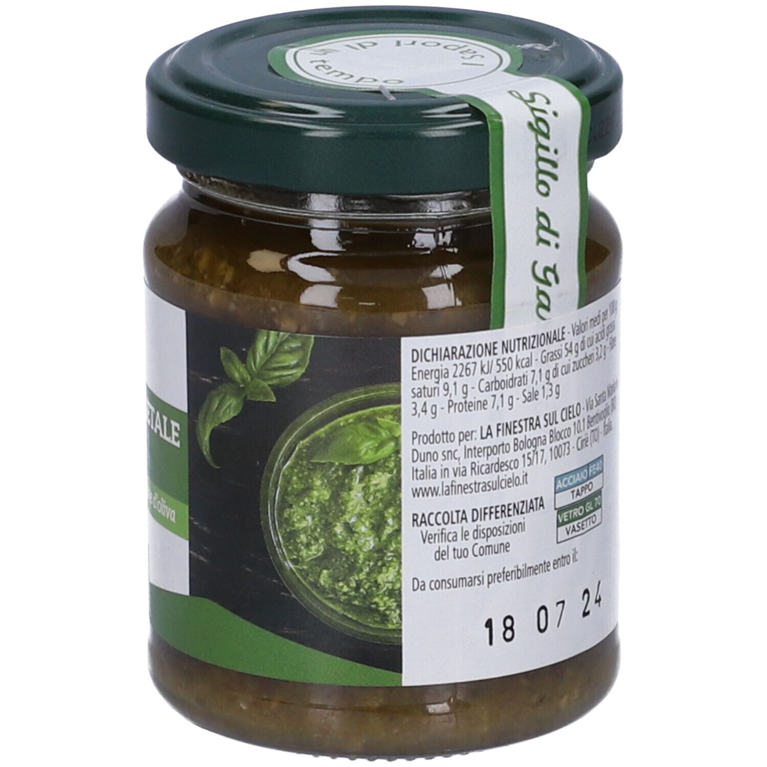 Vasetto di Pesto Vegetale Bio. Scritta: Pesto Vegetale Bio, con olio d'oliva. Contenuto verde, coperchio verde, etichetta bianca, 120g.
