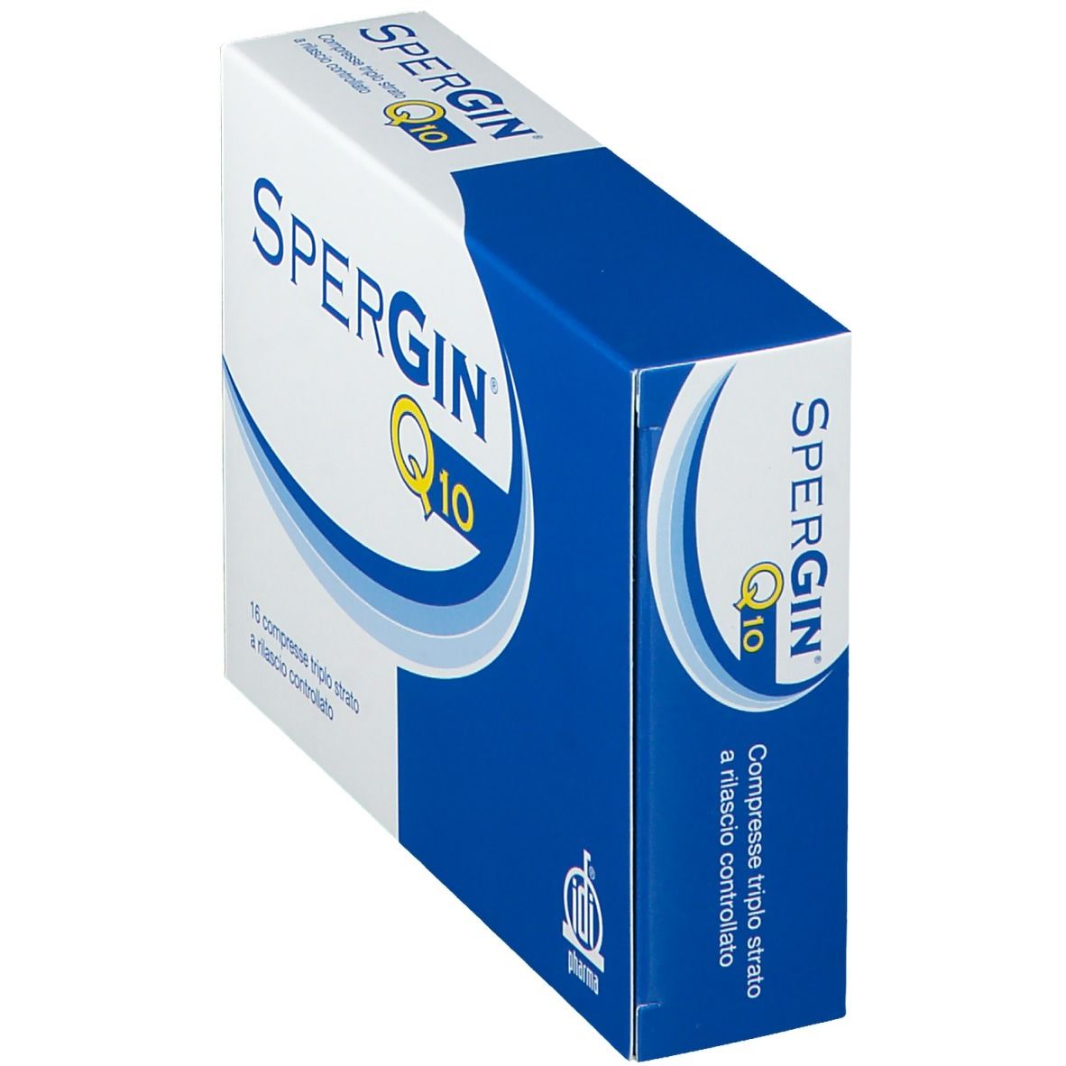 Scatola Spergin Q10, bianca e blu. Scritta: Spergin Q10, 16 compresse.