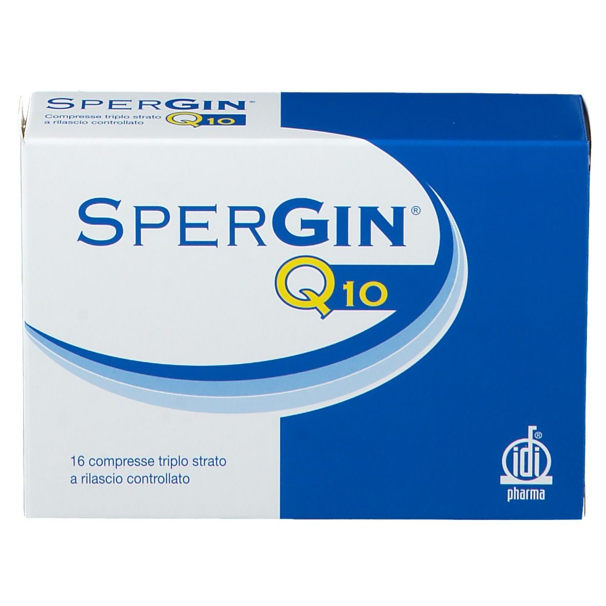Scatola di Spergin Q10. Bianca e blu. Scritta: Spergin Q10, 16 compresse.