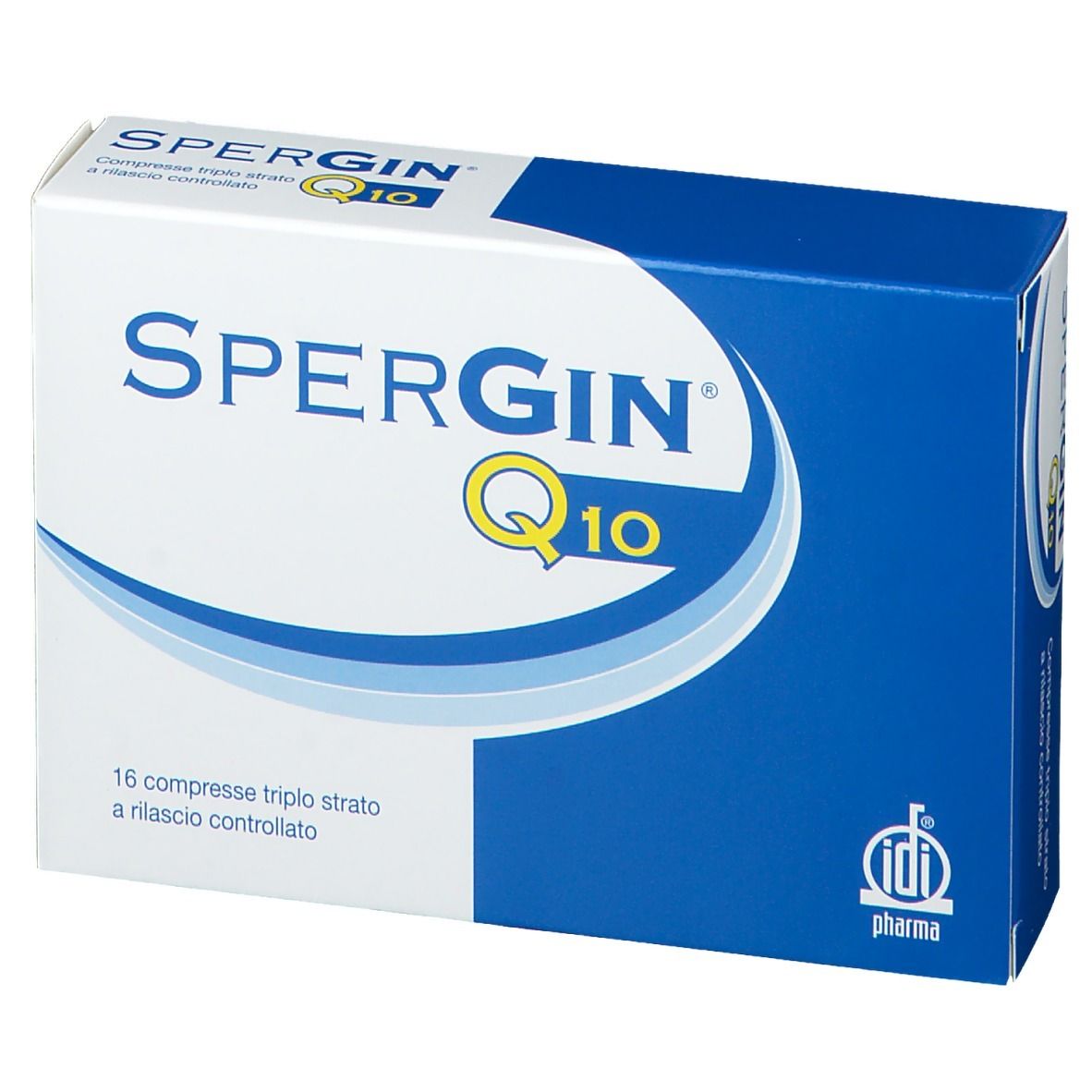 Scatola di Spergin Q10. Bianca e blu. Scritta: Spergin Q10, 16 compresse.
