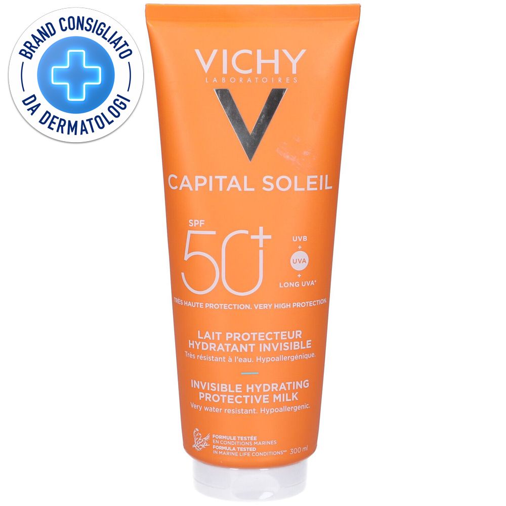 Tubo arancione VICHY CAPITAL SOLEIL SPF 50+. Sigillo "Brand consigliato da dermatologi".