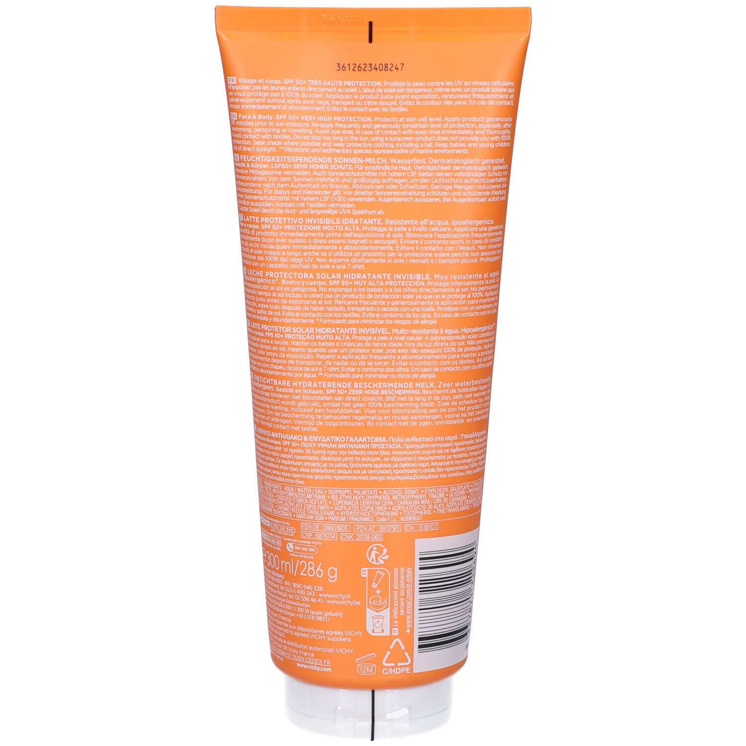 Retro di un tubo arancione. Testo e codice a barre. In basso: 200ml/286g.