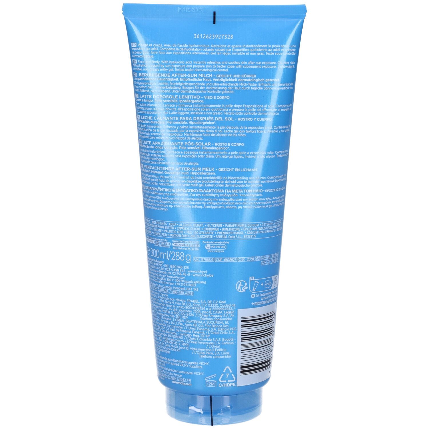 Retro di un tubo blu. Testo multilingue. Codice a barre e informazioni su ingredienti e produttore sono visibili.