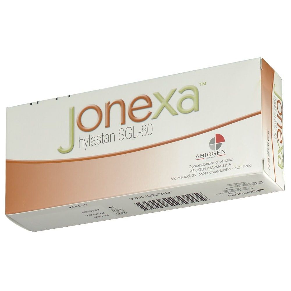 Scatola di Abiogen Jonexa™ Hylastan SGL-80. Bianca con fascia marrone. Nome del prodotto e logo visibili.