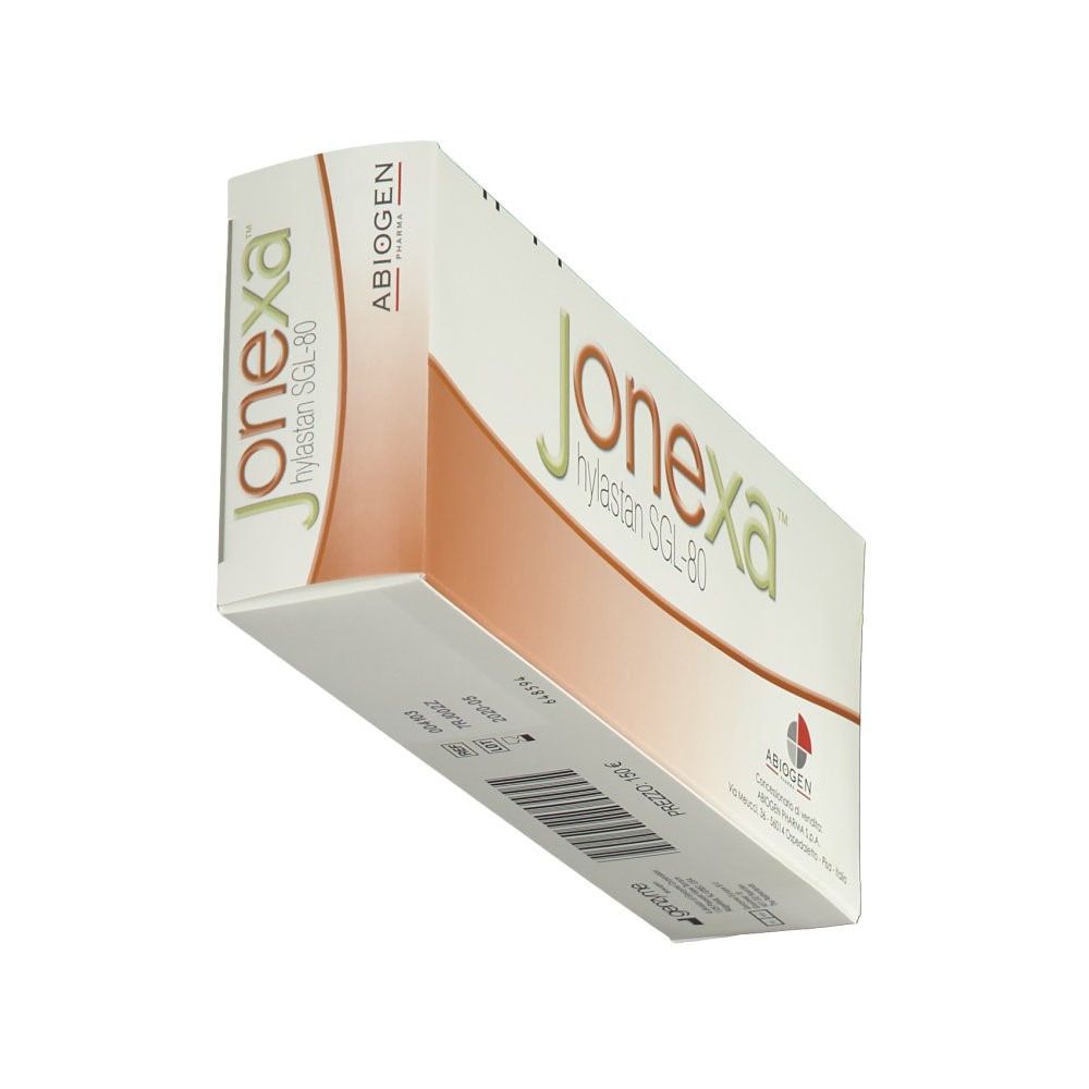 Scatola di Abiogen Jonexa™ Hylastan SGL-80. Bianca con fascia marrone. Nome del prodotto e logo visibili.
