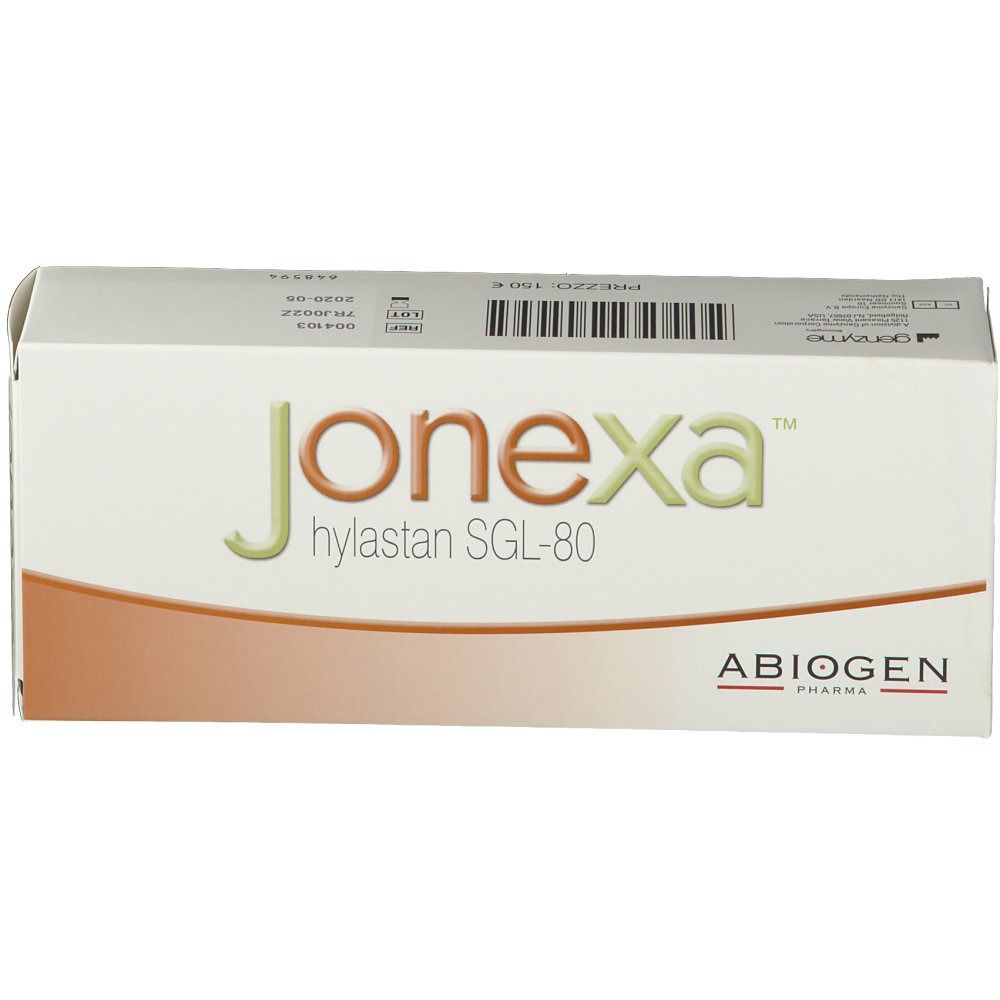 Scatola di Abiogen Jonexa™ Hylastan SGL-80. Bianca con fascia marrone. Nome del prodotto e logo visibili.