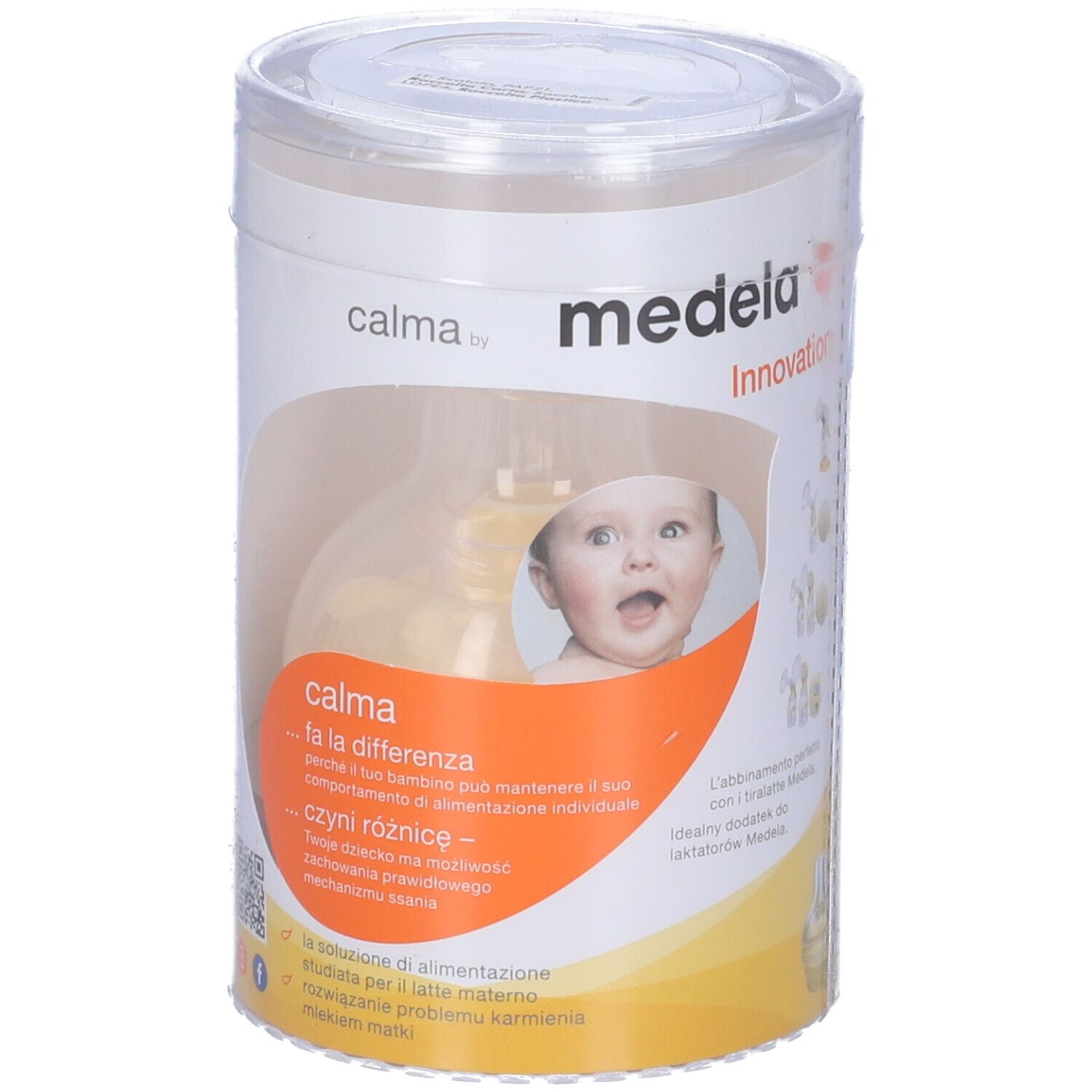 Confezione cilindrica. Scritta: calma by medela. Immagine di un bambino. Coperchio trasparente.