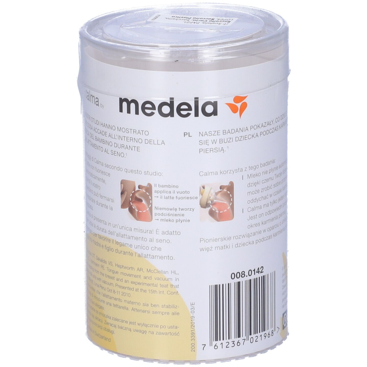 Confezione cilindrica. Scritta: medela. Testo multilingue. Illustrazioni.