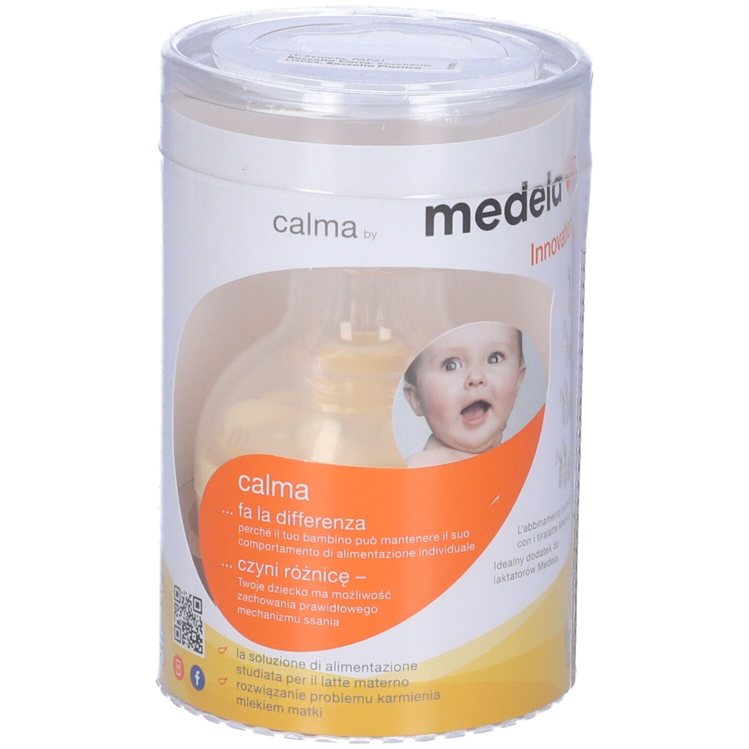 Confezione cilindrica. Scritta: calma by medela. Immagine di un bambino. Coperchio trasparente.