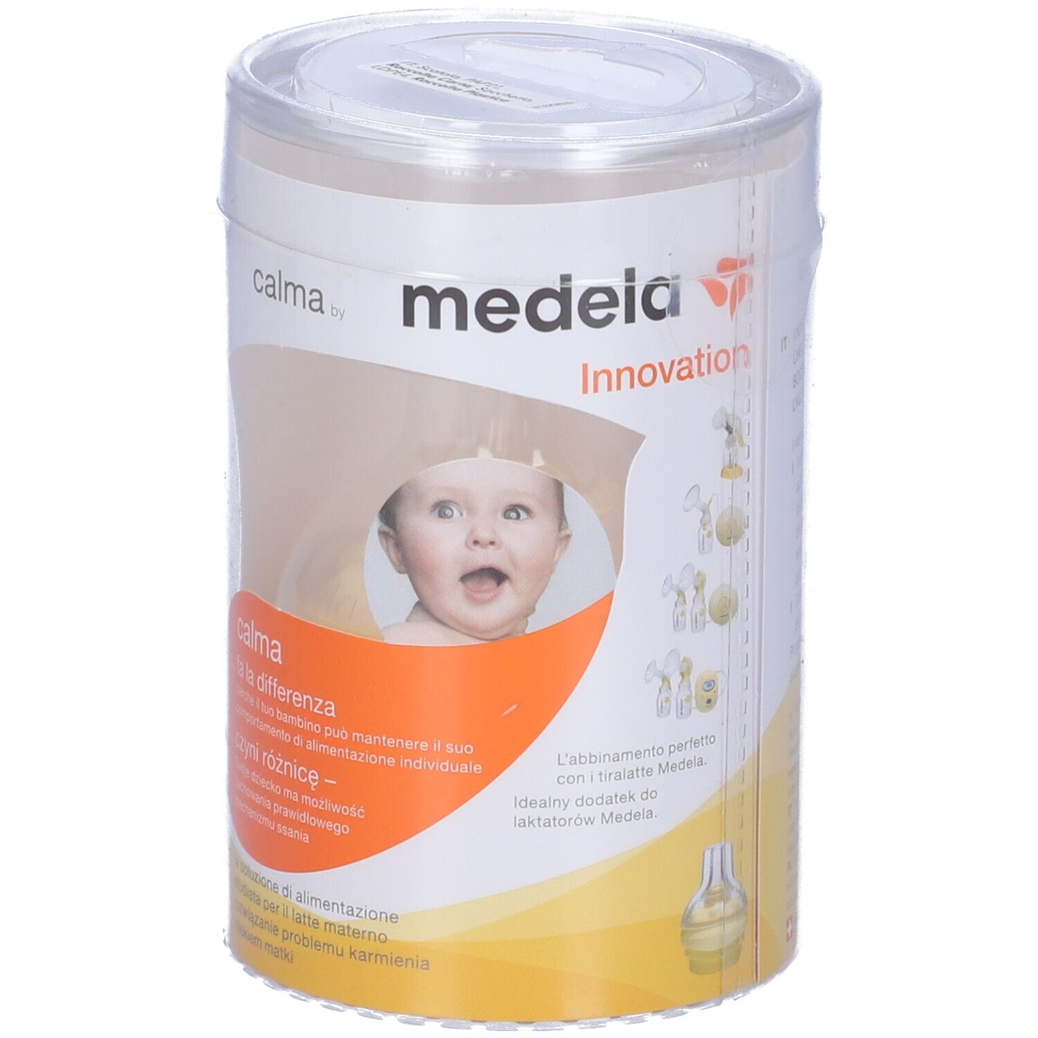 Confezione cilindrica. Scritta: medela Innovation. Immagine di un bambino. Coperchio trasparente.