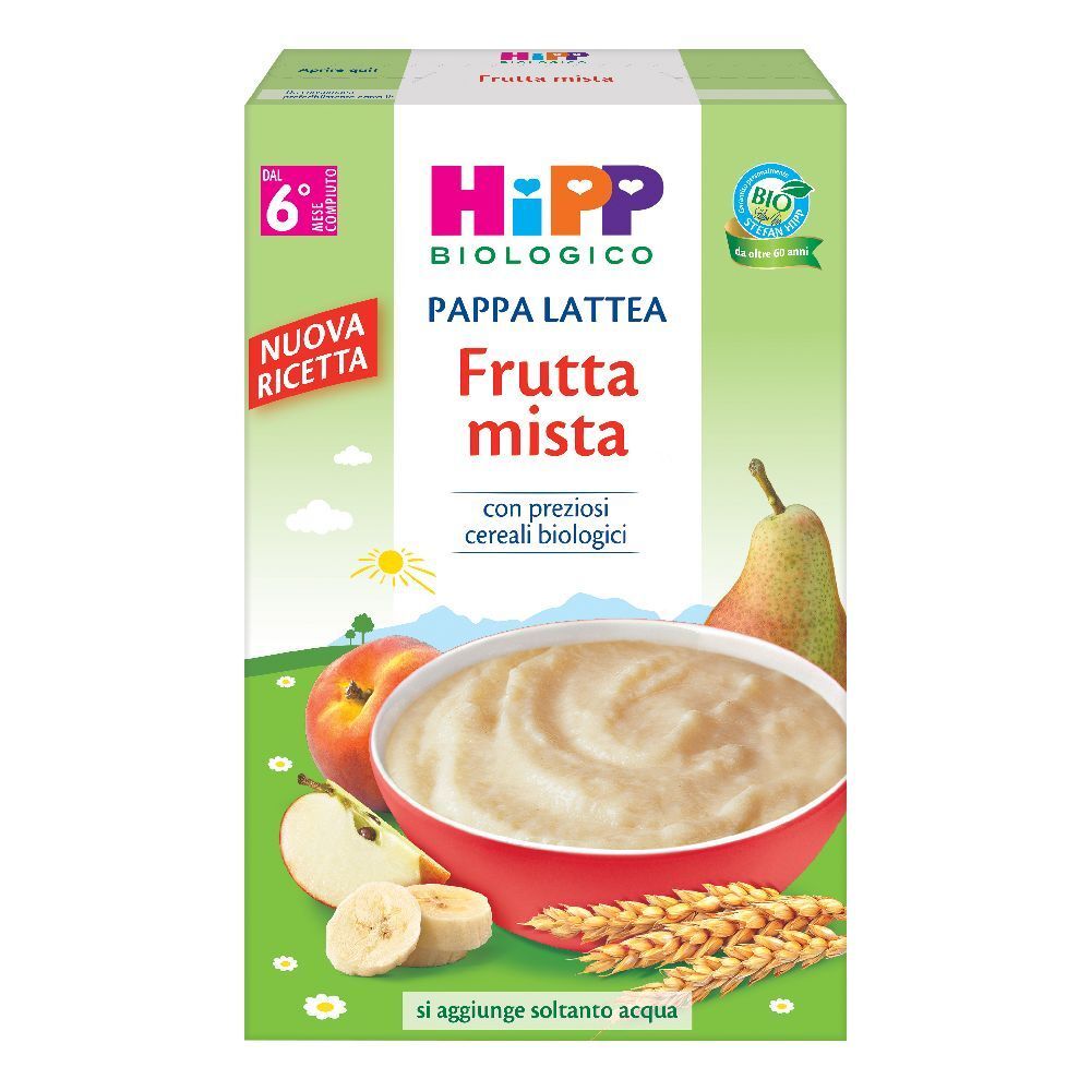 Confezione di Hipp Pappa Lattea Frutta Mista. Scritto: « Frutta mista » e « con preziosi cereali biologici ». Illustrati frutta e pappa.