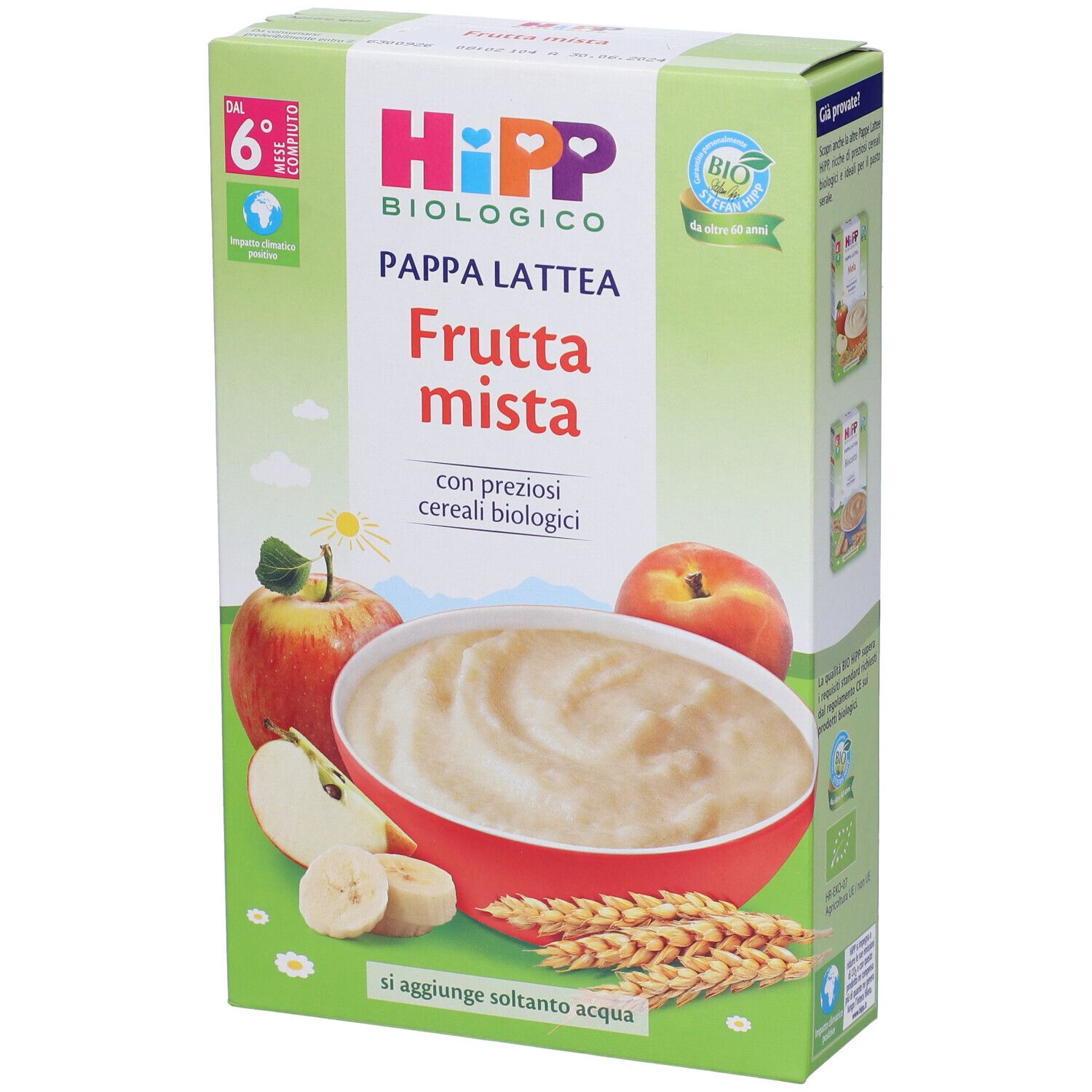 Confezione di Hipp Pappa Lattea Frutta Mista. Scritto: « Frutta mista » e « con preziosi cereali biologici ». Illustrati frutta e pappa.