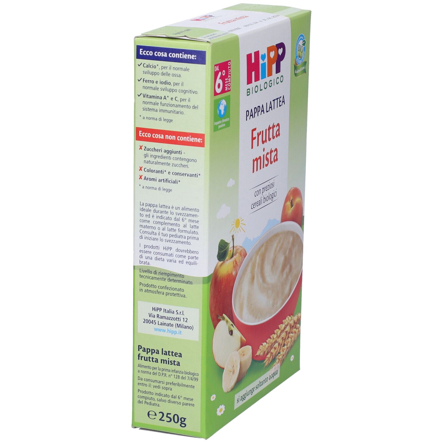 Vista laterale della confezione Hipp Pappa Lattea Frutta Mista. Testo: ingredienti, preparazione, informazioni nutrizionali e marchio bio.