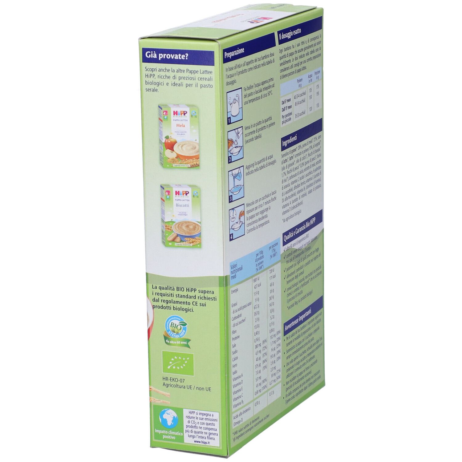 Vista laterale della confezione Hipp Pappa Lattea Frutta Mista. Testo: preparazione, dosaggio, ingredienti, informazioni nutrizionali e marchio bio.