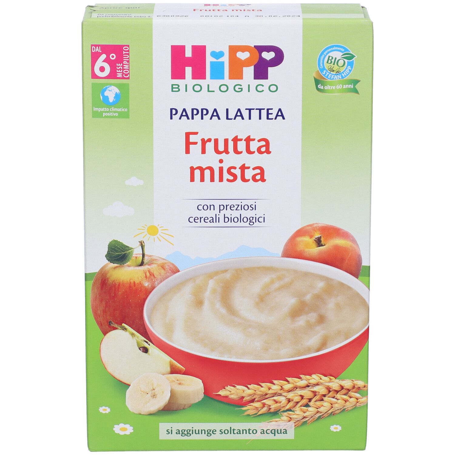 Confezione di Hipp Pappa Lattea Frutta Mista. Scritto: « Frutta mista » e « con preziosi cereali biologici ». Illustrati frutta e pappa.