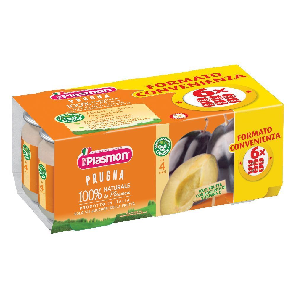 Confezione da 6 vasetti Plasmon Prugna. Confezione arancione con nome prodotto e immagine prugna. 100% naturale.