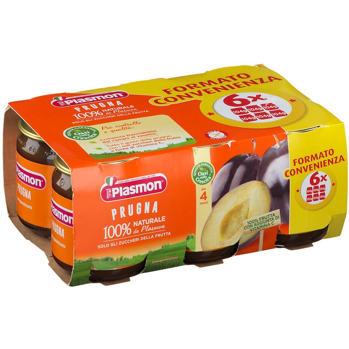 Confezione da 6 vasetti Plasmon Prugna. Confezione arancione con nome prodotto e immagine prugna. 100% naturale.