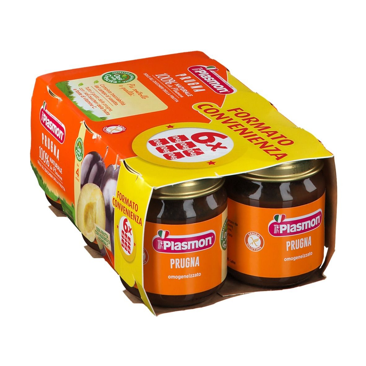 Confezione da 6 vasetti Plasmon Prugna. Confezione arancione con nome prodotto e immagine prugna. 100% naturale.