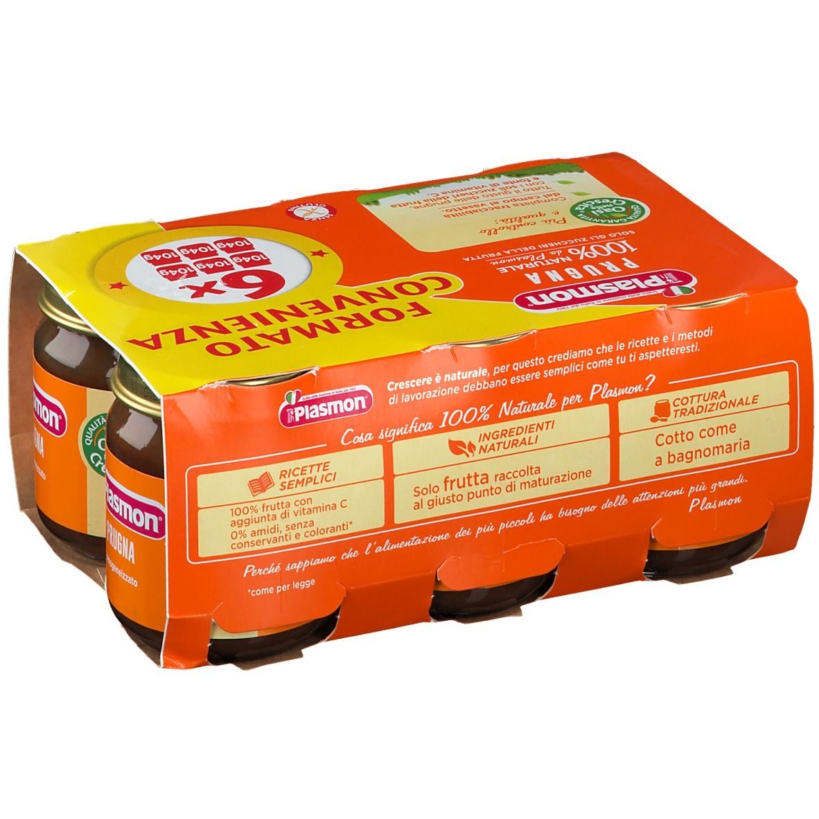 Confezione da 6 vasetti Plasmon Prugna. Confezione arancione con nome prodotto e immagine prugna. 100% naturale.