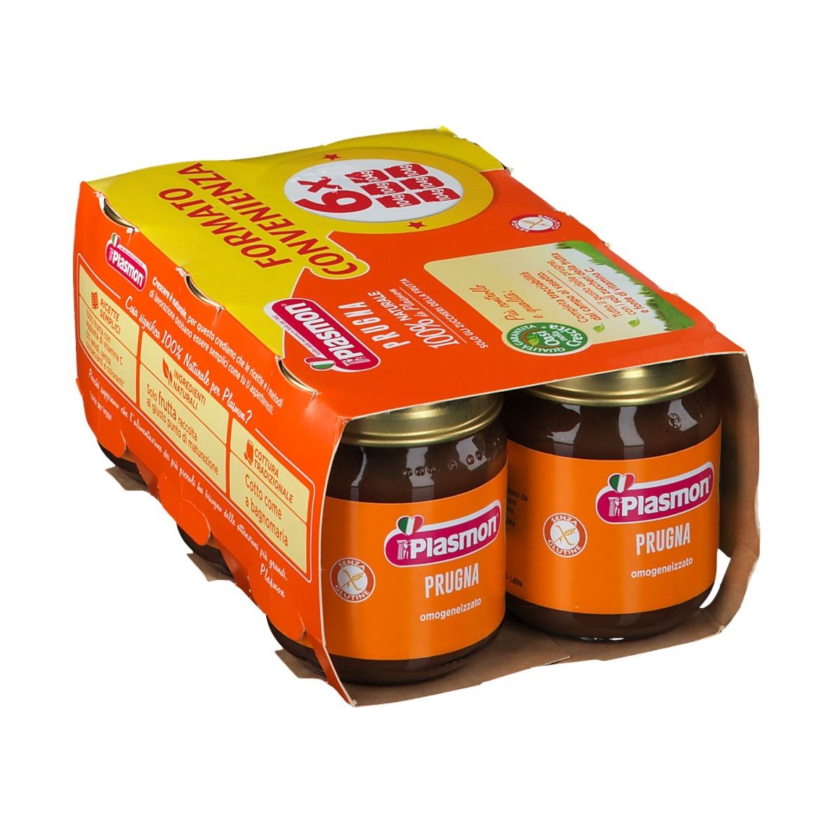 Confezione da 6 vasetti Plasmon Prugna. Confezione arancione con nome prodotto e immagine prugna. 100% naturale.