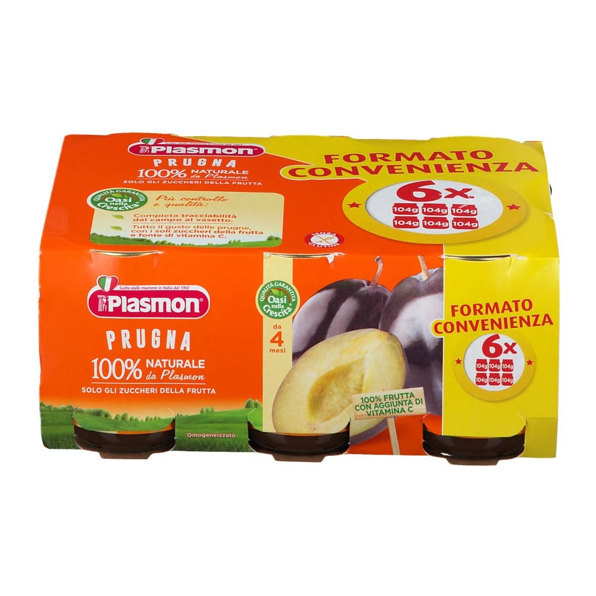 Confezione da 6 vasetti Plasmon Prugna. Confezione arancione con nome prodotto e immagine prugna. 100% naturale.