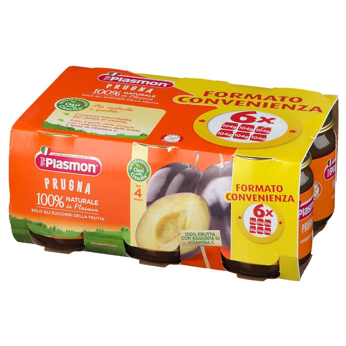 Confezione da 6 vasetti Plasmon Prugna. Confezione arancione con nome prodotto e immagine prugna. 100% naturale.