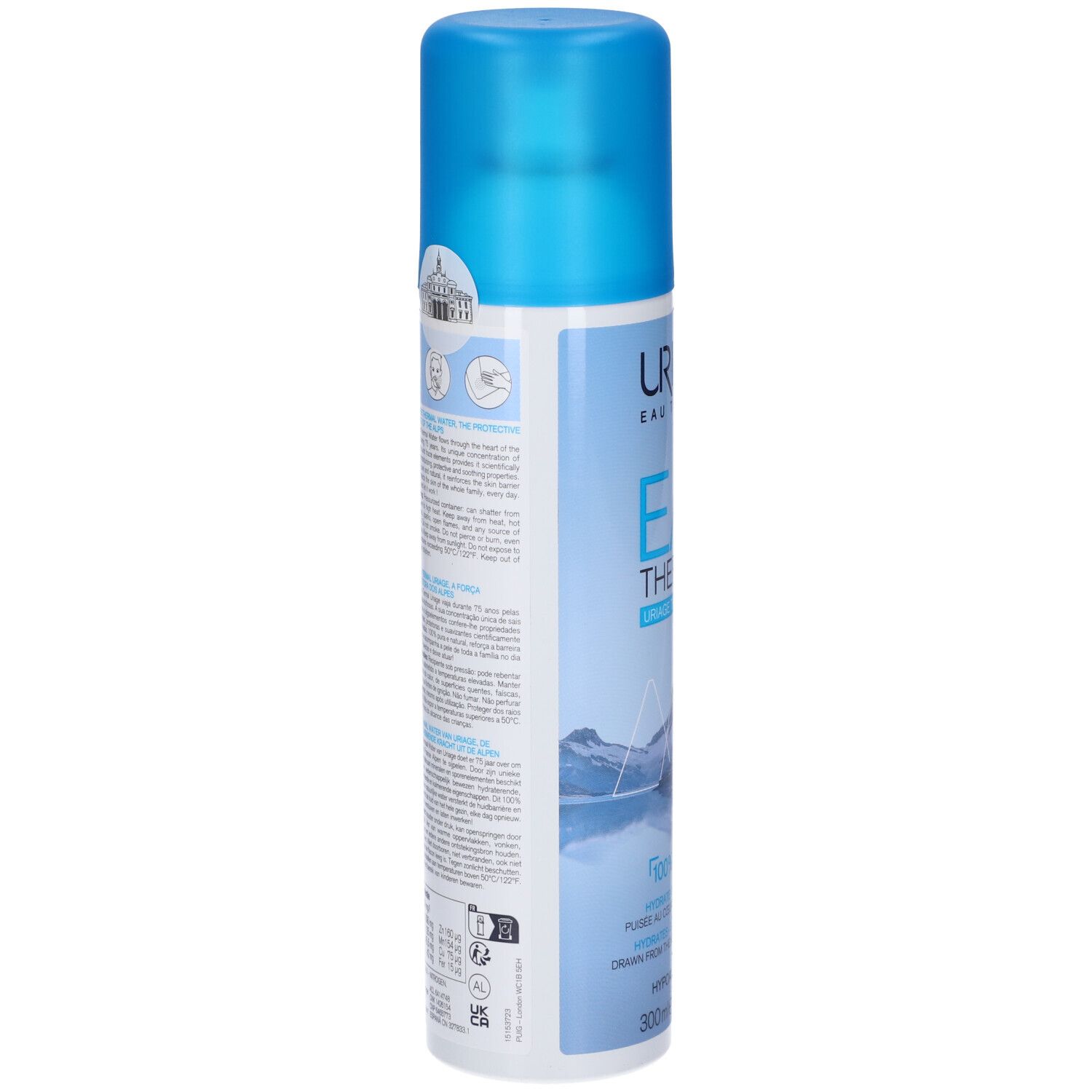 Retro del flacone spray Uriage Eau Thermale. Testo e simboli. Dermatologicamente testato.